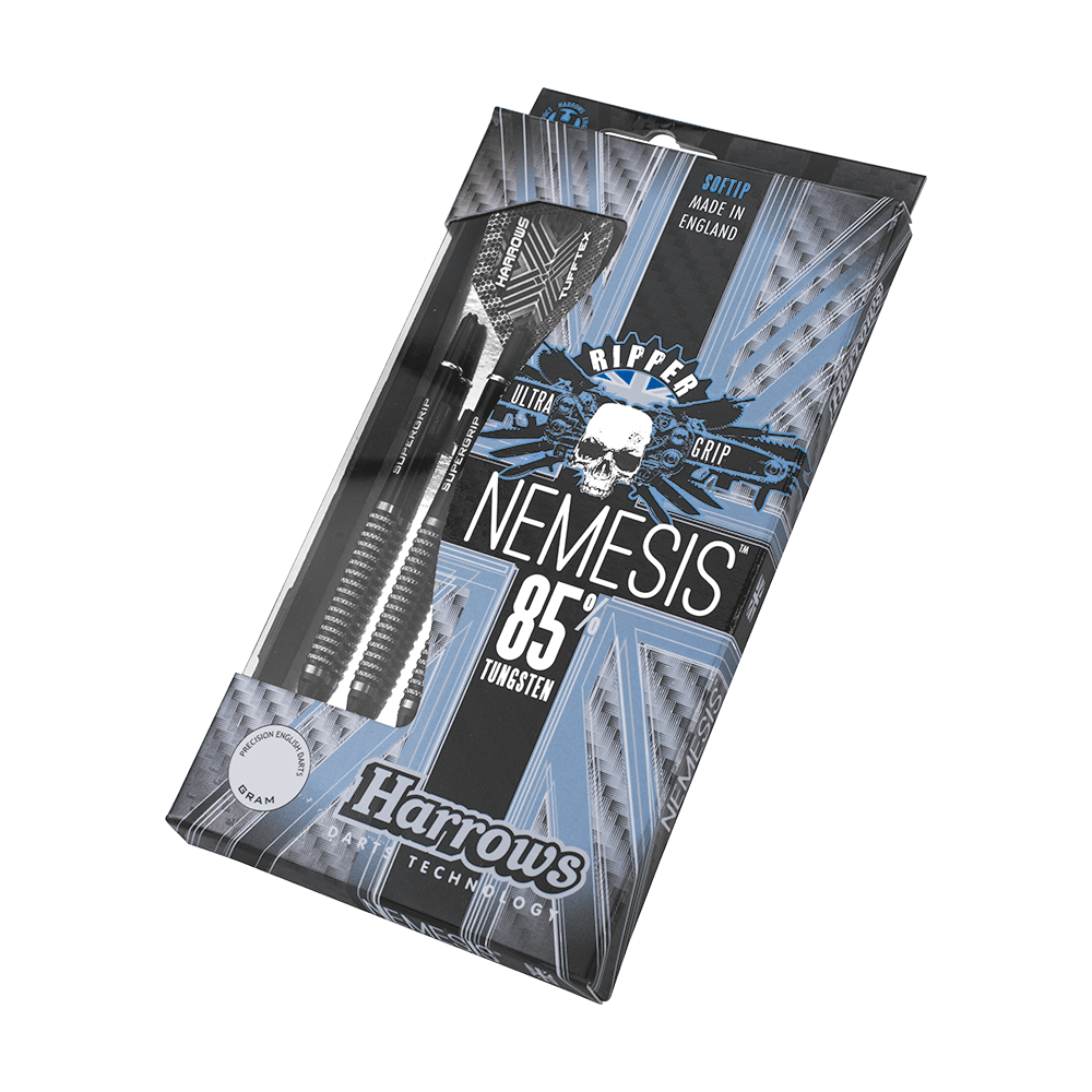 HA06816-Harrows-Nemesis-85-Softdarts-3-4-Plastikbox Auf dem Bild ist eine Verpackung mit Harrows Nemesis Softdarts zu sehen. Die Darts bestehen zu 85 % aus Tungsten und werden in England hergestellt.