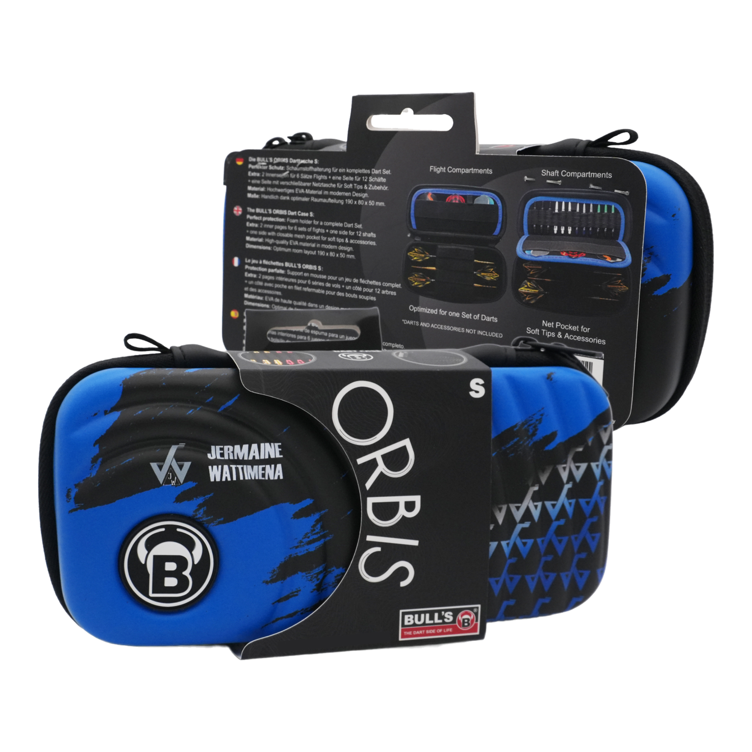 Pouzdro na šipky Bulls Orbis S Jermaine Wattimena Das Bild zeigt das Produkt "Bulls Orbis S Jermaine Wattimena Dartcase" in blauer und schwarzer Farbe. Die Darttasche ist kompakt und eignet sich zum sicheren Aufbewahren von Dartzubehör.