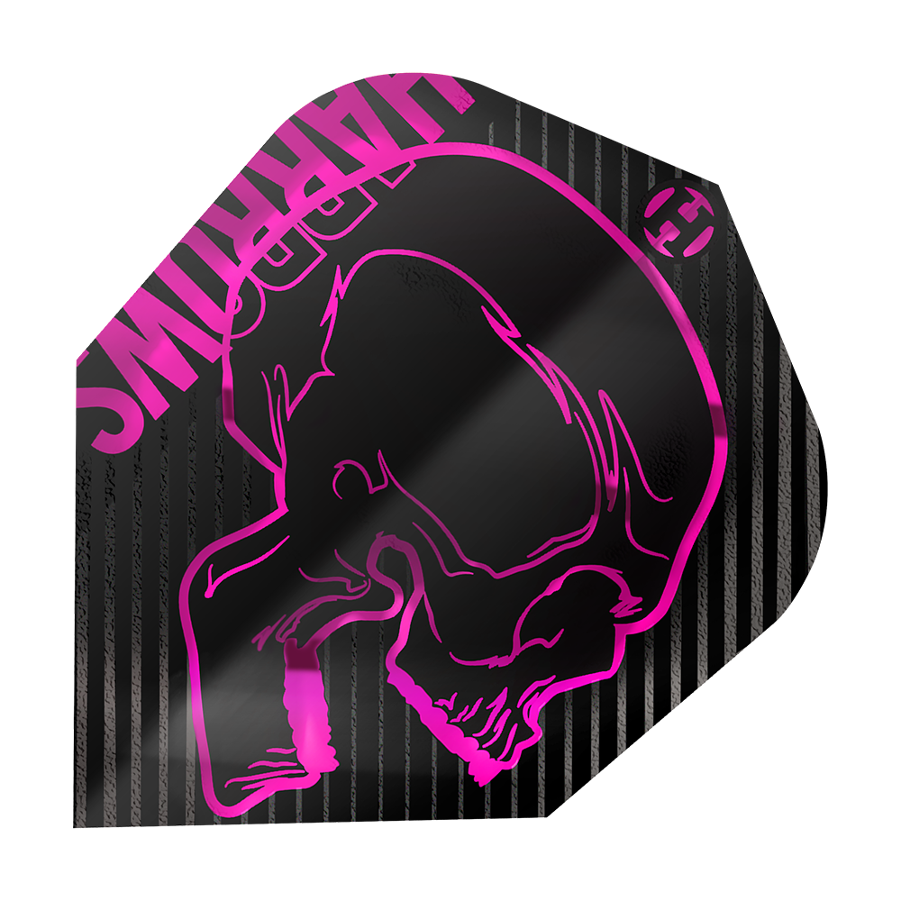 Lety Harrows Rage Pink No6 Das Bild zeigt das Produkt "Harrows Rage Pink No6 Flights". Es ist ein schwarzes Dartflight mit einem pinken Totenkopf und pinken Streifen.