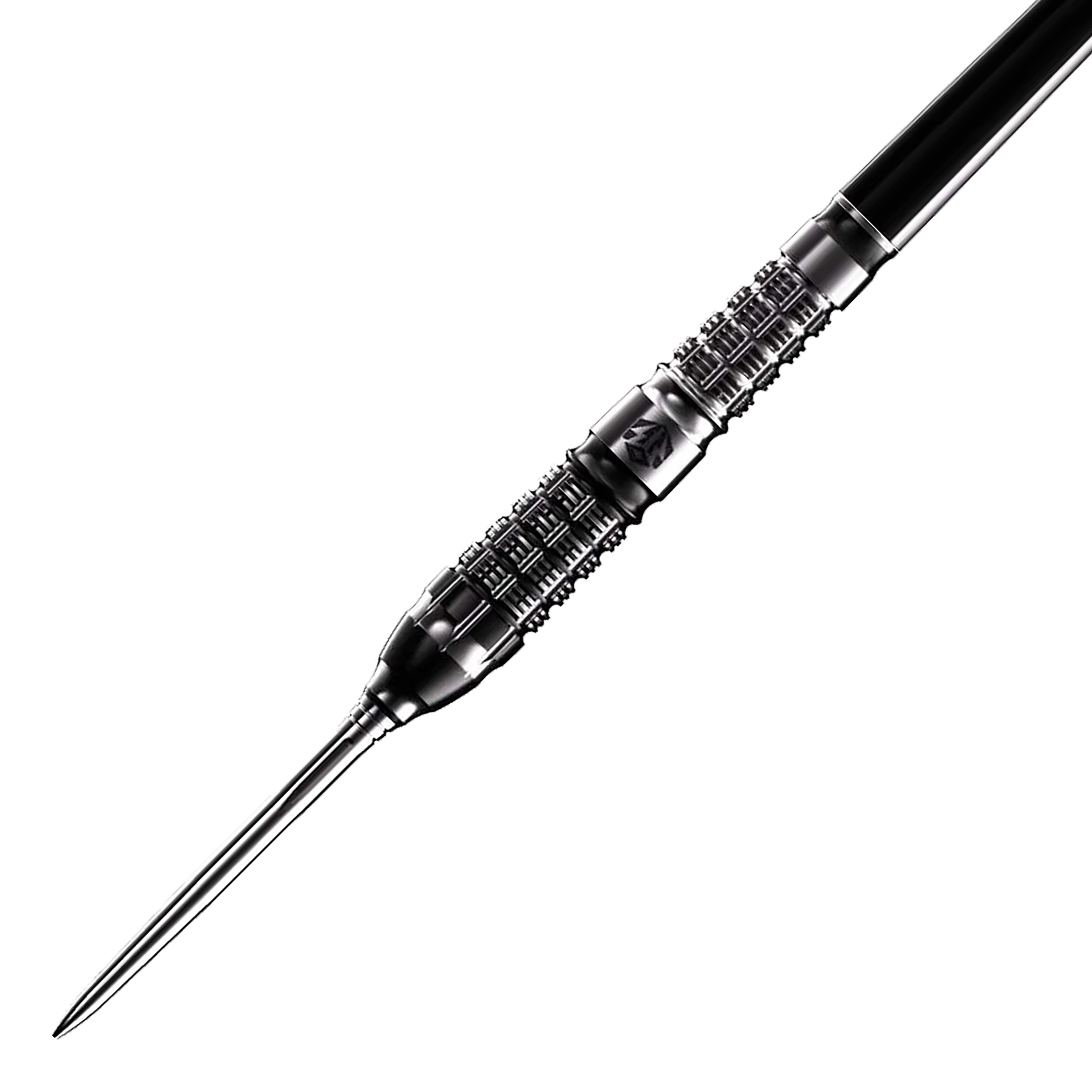 Das Bild zeigt einen Caliburn Sword S5 Steeldart mit einem Gewicht von 23,5g. Der Dartpfeil hat ein elegantes, schwarzes Design und eine strukturierte Griffzone.