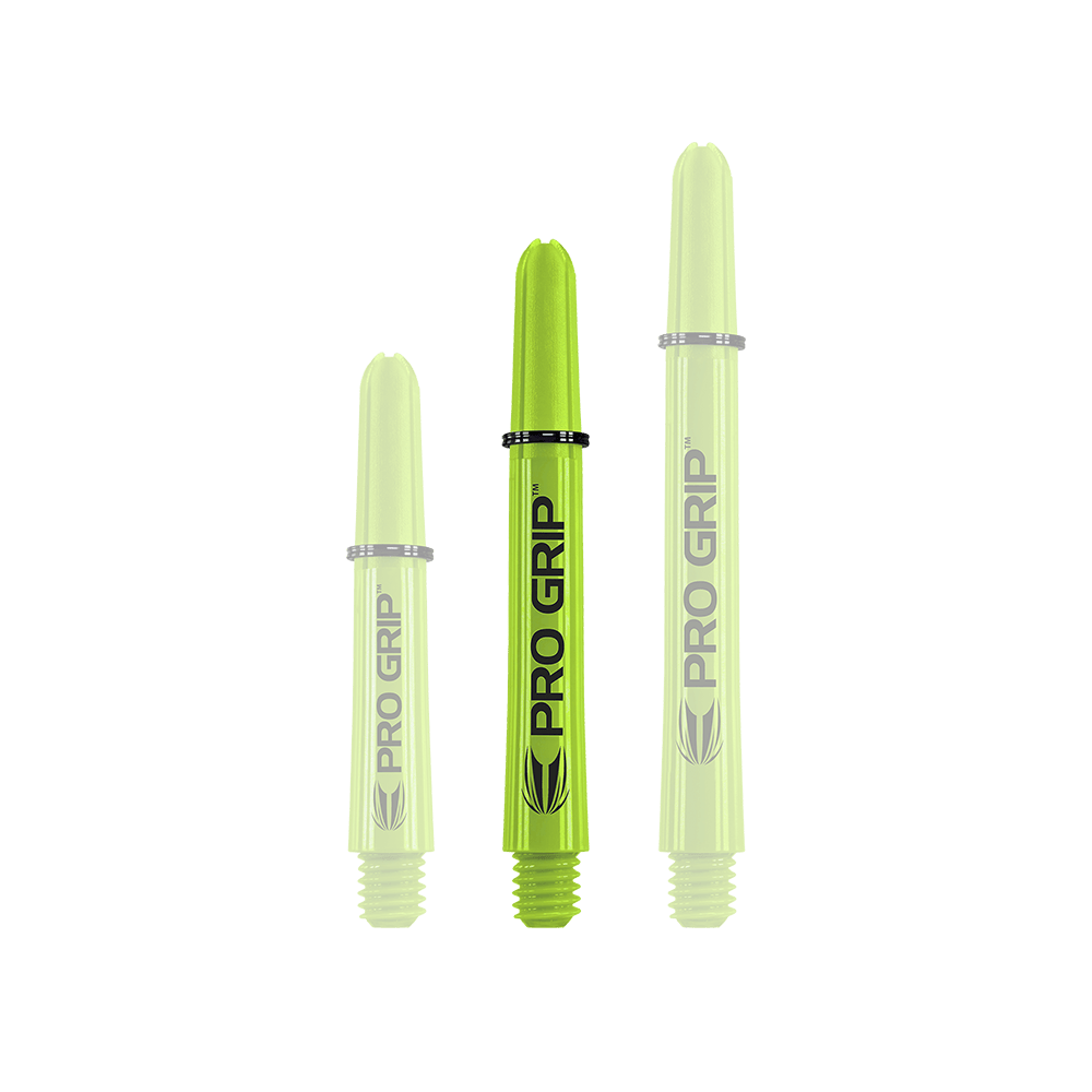 Target Pro Grip Shafts - 3 sady - Lime Green Auf dem Bild sind drei limegrüne Pro Grip Dartschäfte in unterschiedlichen Längen zu sehen. Sie stehen nebeneinander und tragen alle den Schriftzug "PRO GRIP".