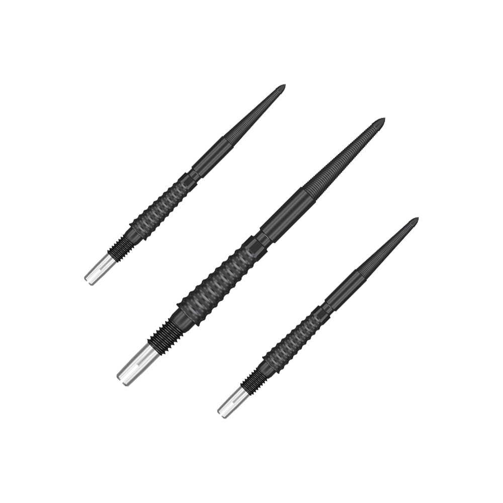 Špičky na šipky Target Swiss Storm LNC - černé Das Bild zeigt drei schwarze Dartspitzen mit silbernen Enden. Sie sind in unterschiedlichen Ausrichtungen auf einem transparenten Hintergrund zu sehen.