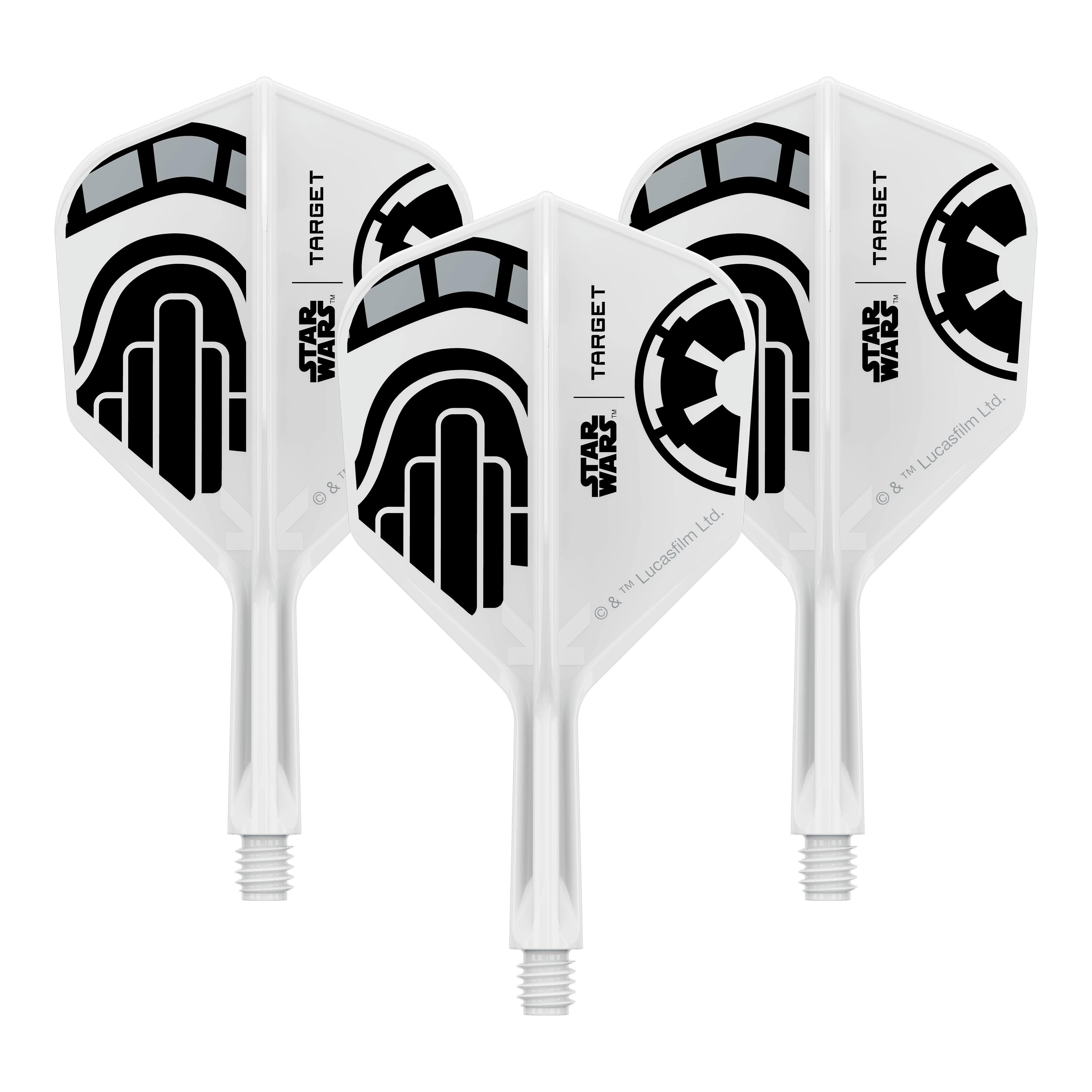 Letky Target Star Wars K-Flex Stormtrooper č. 6 Ein Set von Dart-Flights der Star Wars KFlex Stormtrooper No6 Serie ist dargestellt. Die Flights sind kurz und 19 mm lang.