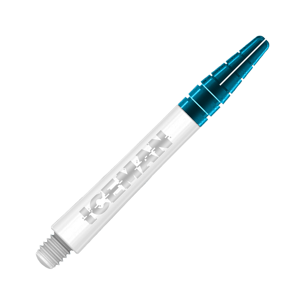 C635_Red_Dragon_Nitrotech_Gerwyn_Price_Shafts_White_42mm_2 Das Bild zeigt einen weißen Dart-Schaft mit dem Schriftzug "ICEMAN" darauf. Das obere Ende des Schafts ist blau-transparent.