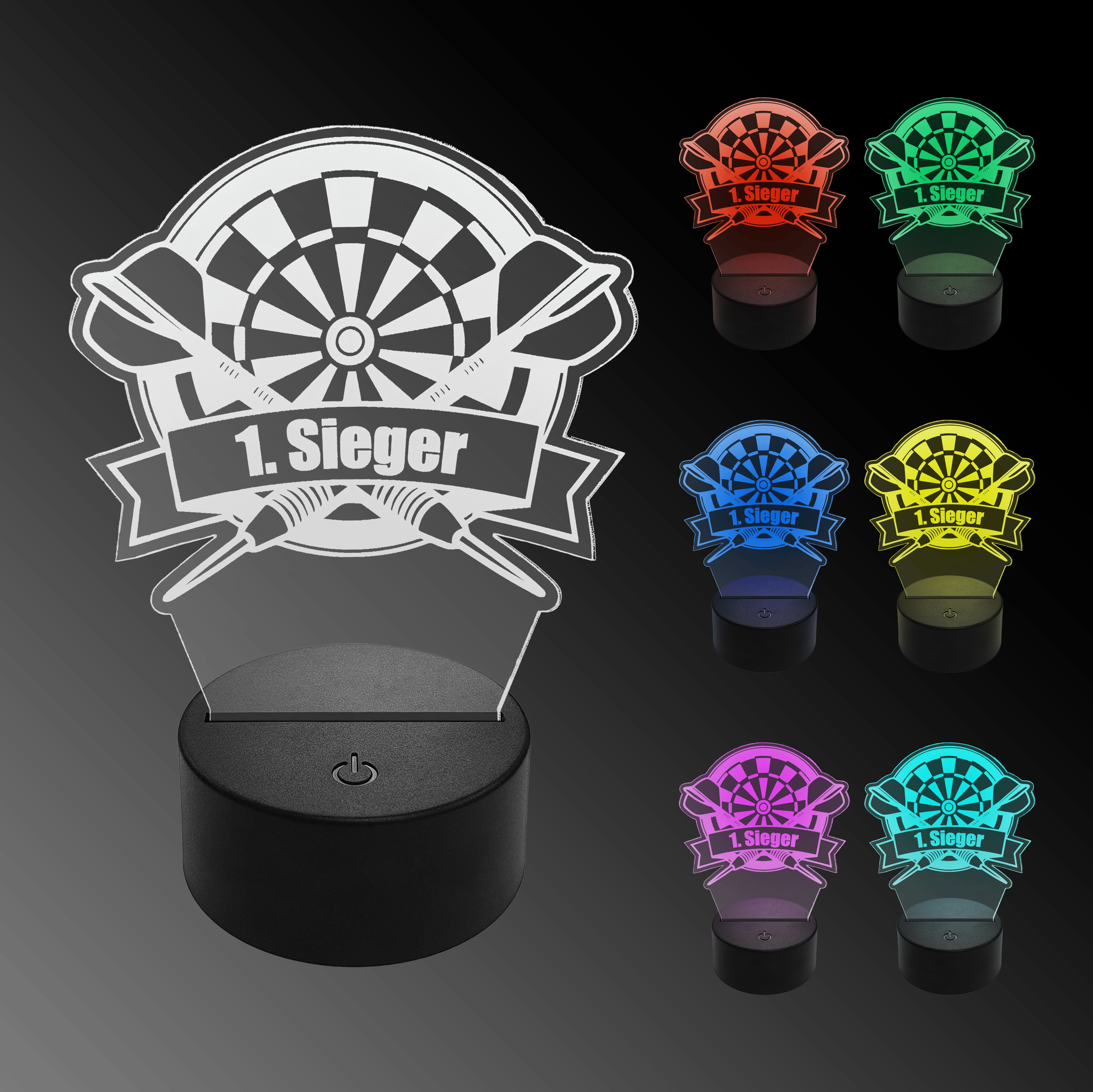 LED plexisklová šipková lampa s vlastním textem Das Bild zeigt eine LED-Lampe in Form eines Dartboards mit der Aufschrift „1. Sieger“. Rechts sind sechs weitere Lampen in verschiedenen Farben zu sehen.
