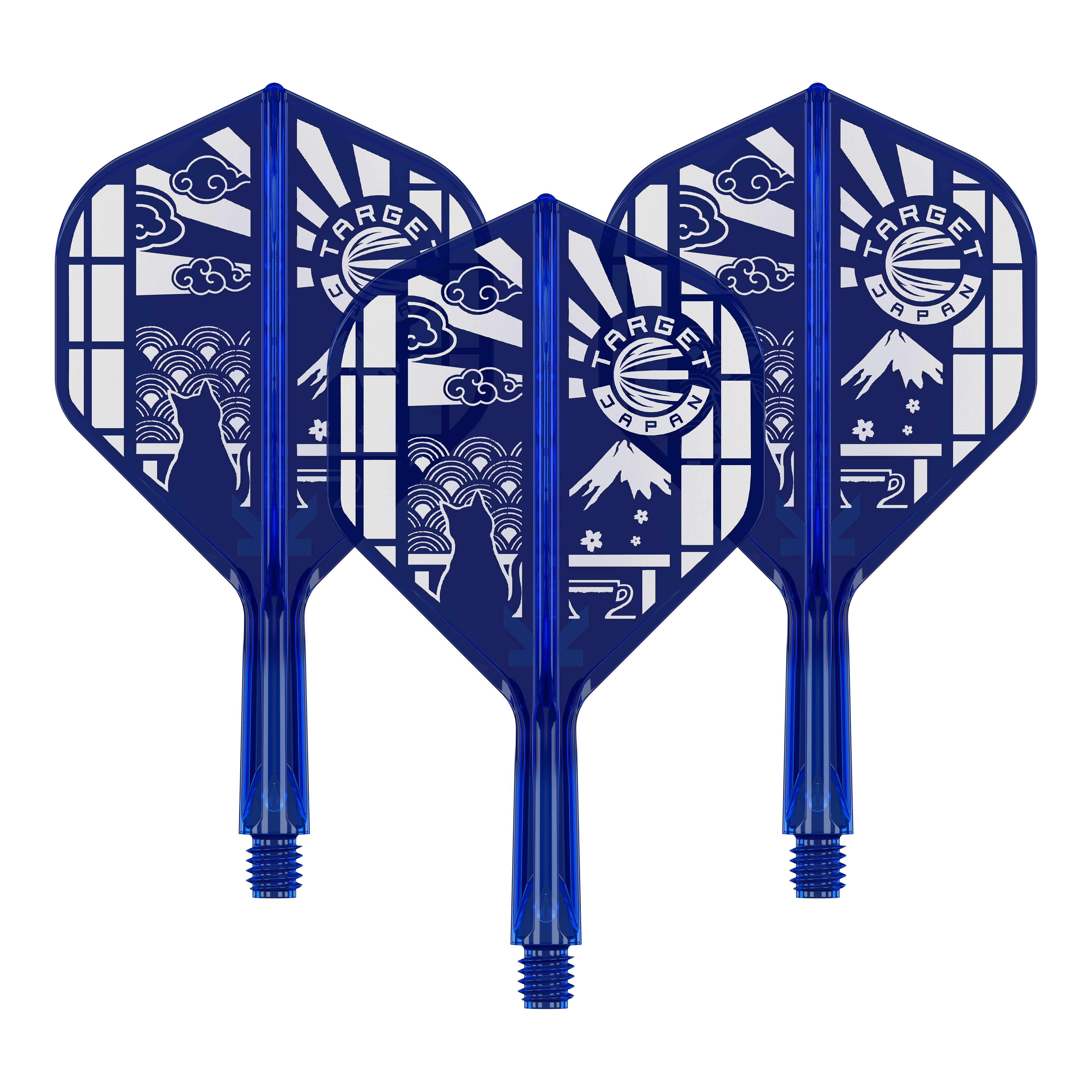 Standardní lety Target Japan K-Flex Blue Limited č. 2 Das Bild zeigt '410291 Target Japan K-Flex Blue Limited No2 Flights 19mm 1Set'. Es handelt sich um ein Set limitierter Flights für Darts in Blau.