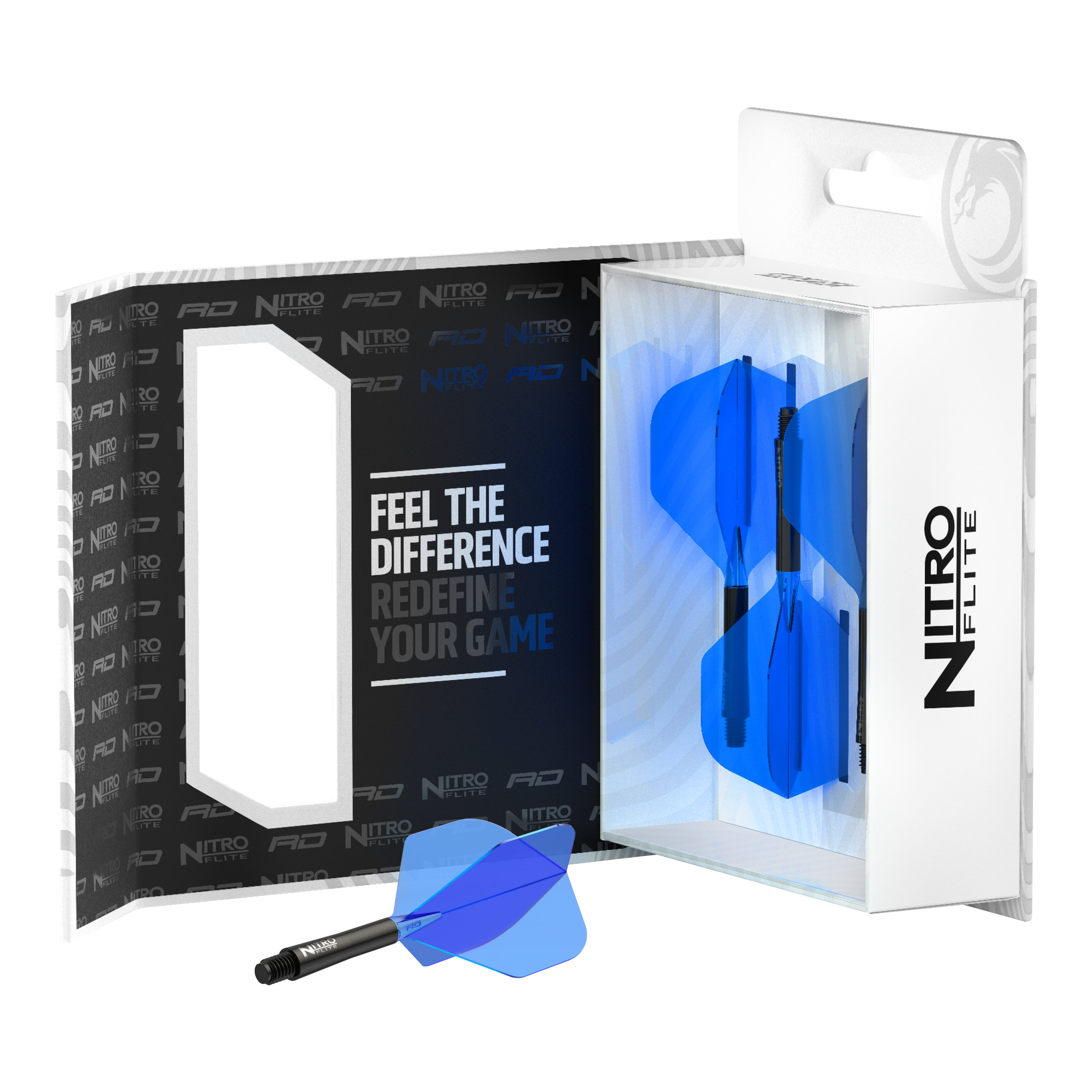 Red Dragon Nitroflite - Black Shaft Blue No. 2 Flights Die Abbildung zeigt das Produkt "Red Dragon Nitroflite - Black Shaft Blue No2 Flights" in einer Verpackung. Drei blaue Dartflights mit schwarzen Schäften sind im Inneren sichtbar.