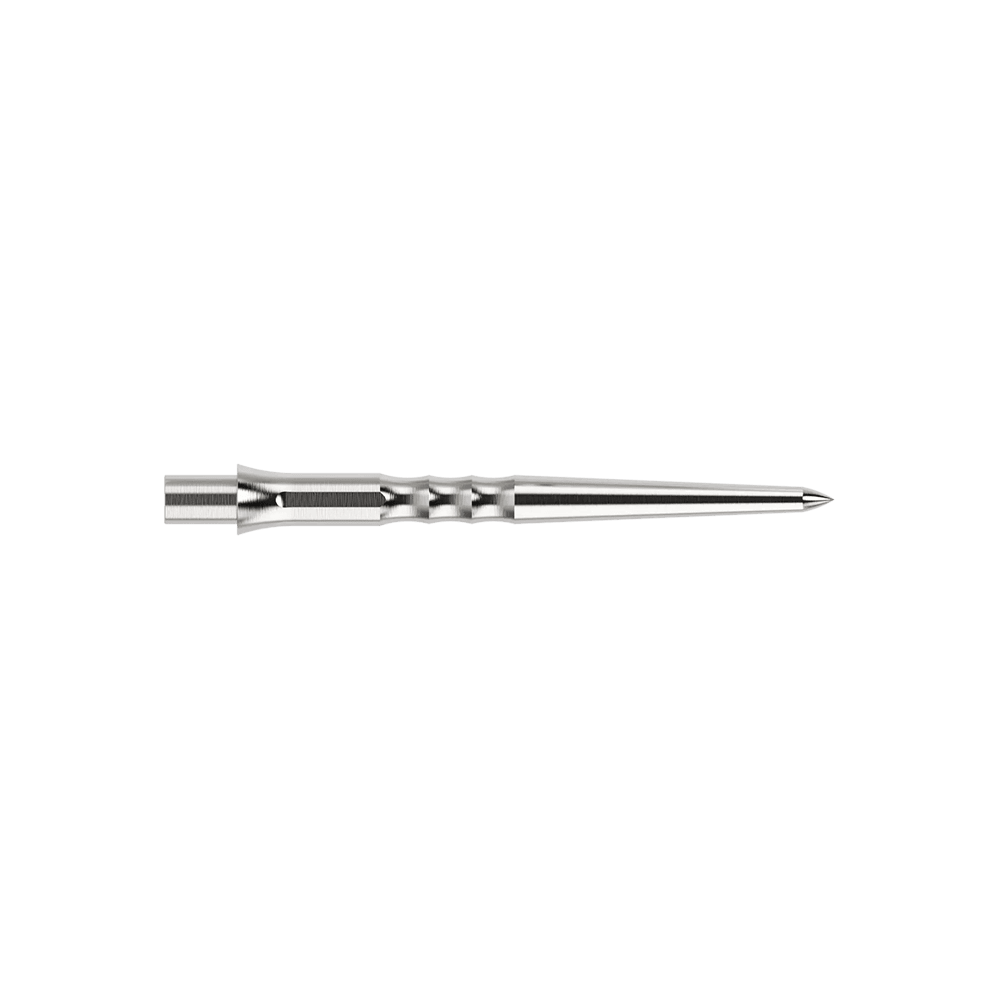 Ocelové hroty na šipky Caliburn System - Ripple - NoLip - stříbrné Das Bild zeigt eine silberne Caliburn Evo System Steeldartspitze Ripple NoLip, 28 mm lang. Die Spitze ist einzeln abgebildet.