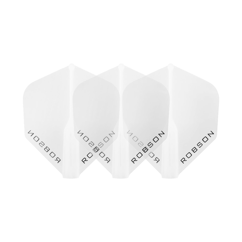 Lety Robson Plus – standardní Das Bild zeigt drei klare Dart-Flights der Marke Robson. Die Flights sind nebeneinander angeordnet und tragen den Schriftzug "ROBSON".