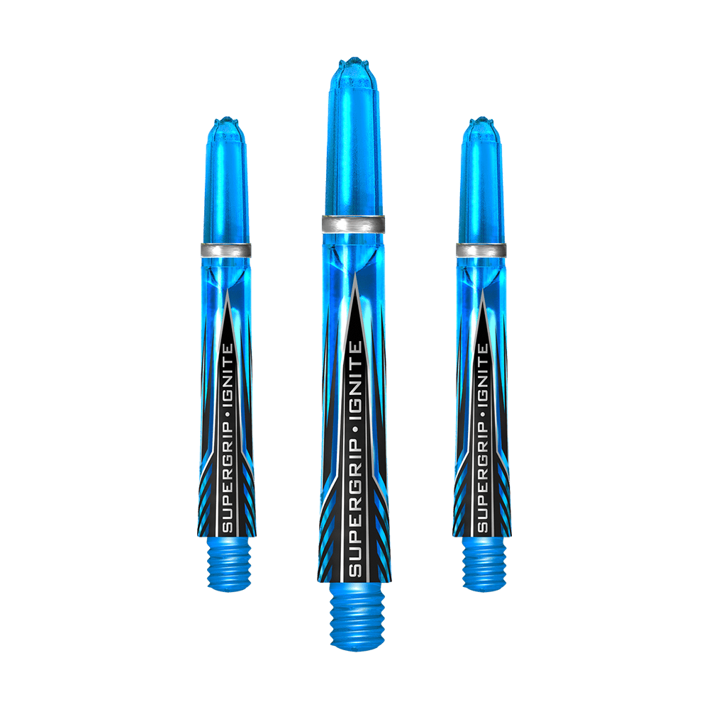 HR387_Harrows_Supergrip_Ignite_Shafts_Aqua_40mm_1jkB8UAa5JHZ2Y Das Bild zeigt drei blaue Harrows Supergrip Ignite Shafts in der Farbe Aqua. Die Schrift "SUPERGRIP IGNITE" ist auf jedem Schaft zu sehen.