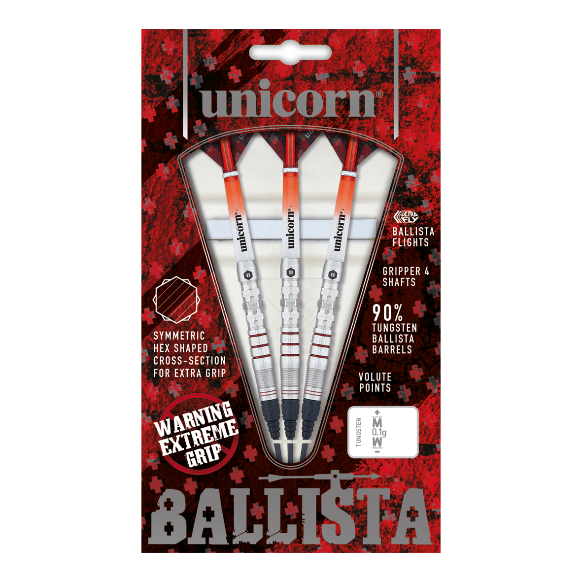 Šipky Unicorn Ballista Style 3 měkké Das Bild zeigt eine Packung "Unicorn Ballista Style 3 Softdarts" mit drei Dartpfeilen. Die Verpackung hebt das symmetrische Hex-Muster für zusätzlichen Grip und 90% Tungsten-Barrels hervor.