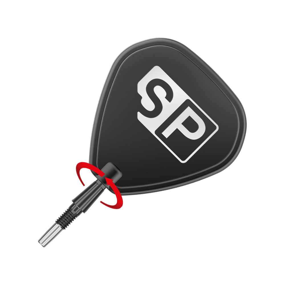 Špičky na šipky Target Swiss Point Storm Surge ocelové - černé Das Bild zeigt eine schwarze Steeldartspitze mit dem weißen Aufdruck "SP". Eine rote Pfeilmarkierung deutet darauf hin, dass die Spitze gedreht oder geschraubt werden kann.