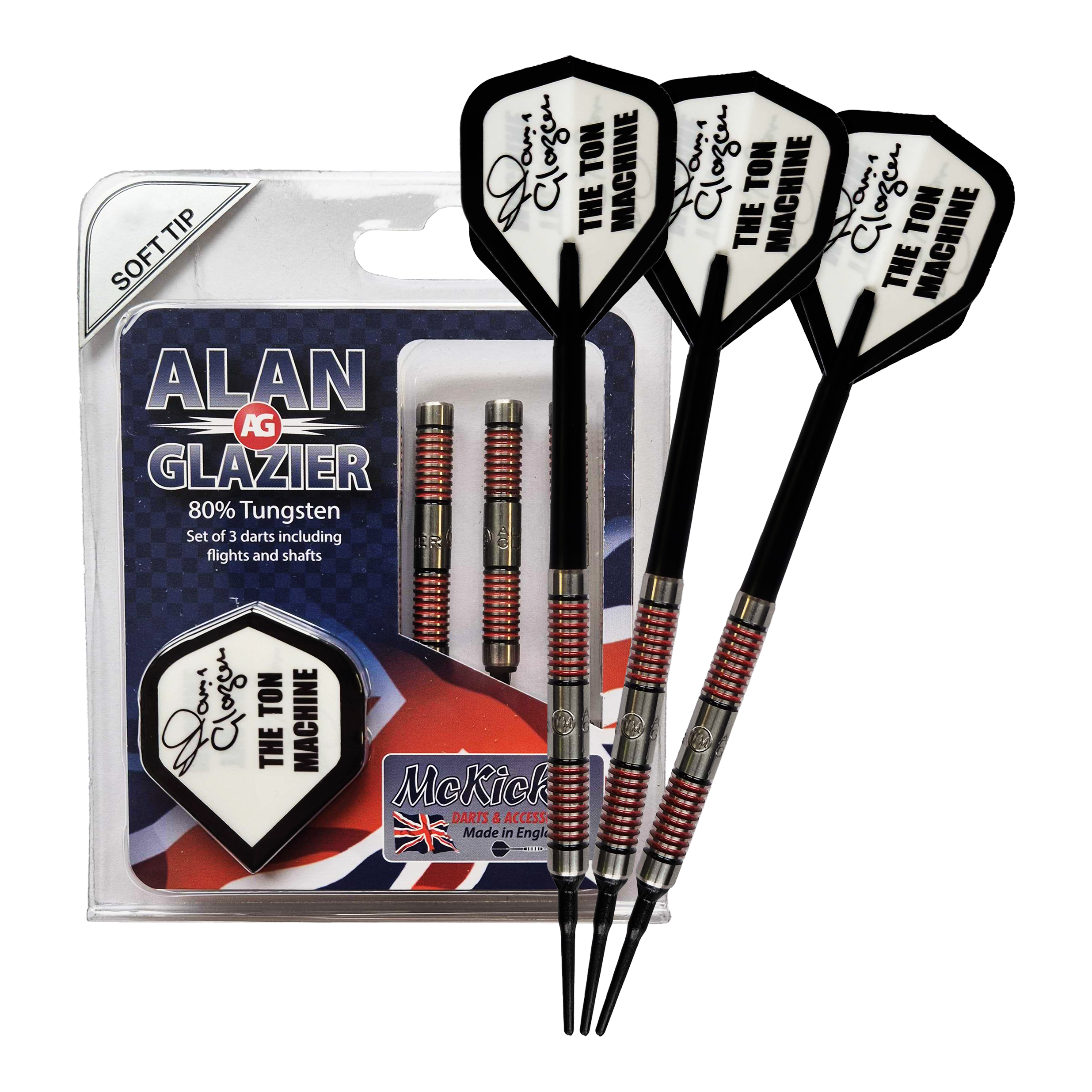 Das Bild zeigt ein Set von McKicks Alan Glazier Softdarts mit 16g Gewicht. Das Set enthält drei Darts mit schwarzen Schäften und Flights, auf denen "The Ton Machine" steht.