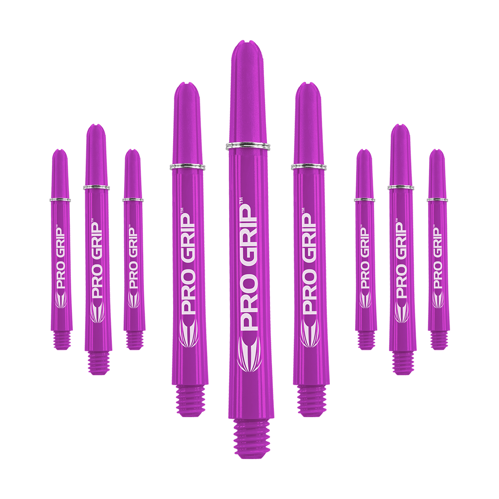 Target Pro Grip Shafts – 3 sady – fialová Das Bild zeigt neun lila Dartschäfte der Marke "Pro Grip". Sie sind in drei Gruppen angeordnet, jeweils drei in der Mitte, links und rechts.