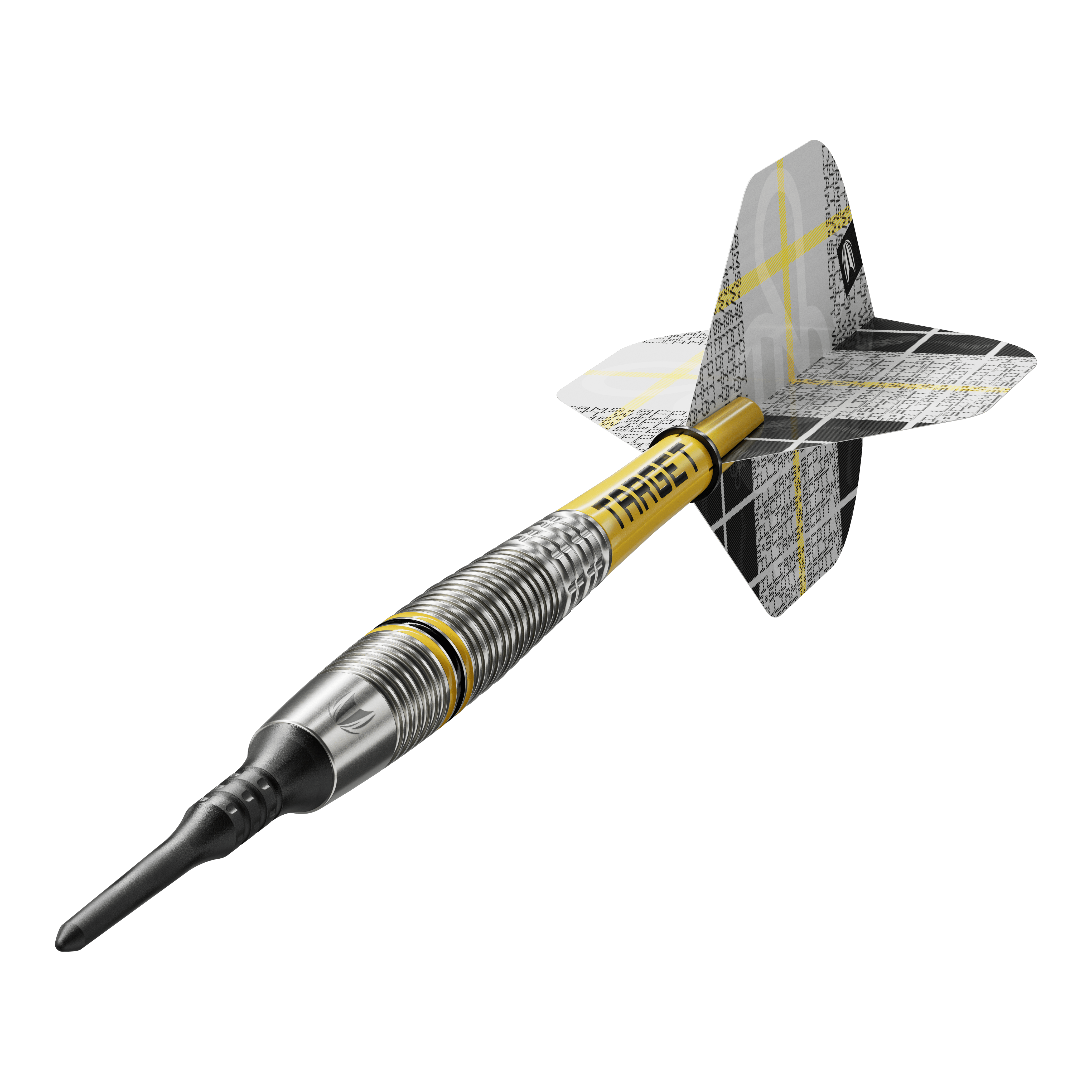 Měkké šipky Target Scott Williams GEN2 - 18g Das Bild zeigt einen Target Scott Williams GEN2 Softdart mit einem Gewicht von 18 Gramm. Der Dart hat ein silbernes Barrel mit gelben Akzenten und einen schwarz-gelben Flight.