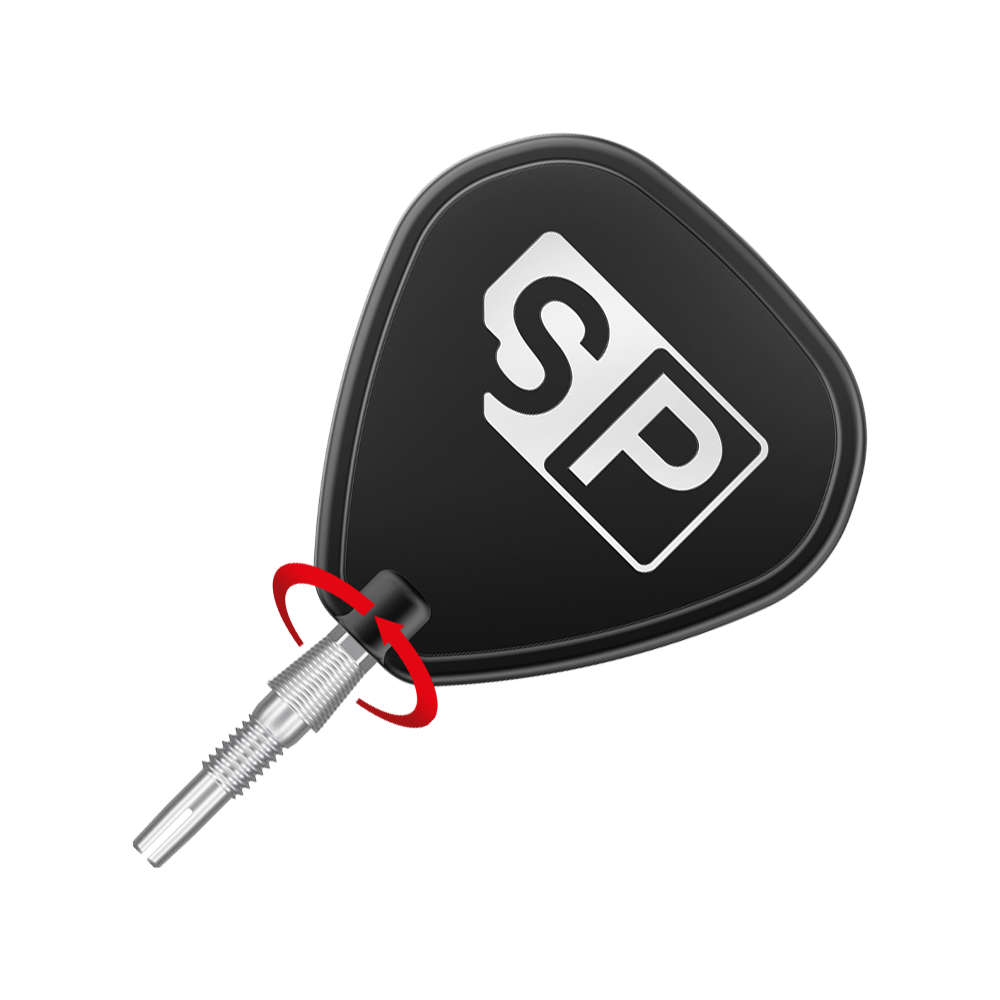 340080_Target_Swiss_Storm_Nano_Point_Dartspitzen_Silber_3_SP Das Bild zeigt eine silberne Dartspitze mit einem schwarzen Flight, auf dem die Buchstaben „SP“ zu sehen sind. Ein roter Pfeil markiert die Stelle, an der die Spitze mit dem Flight verbunden ist.