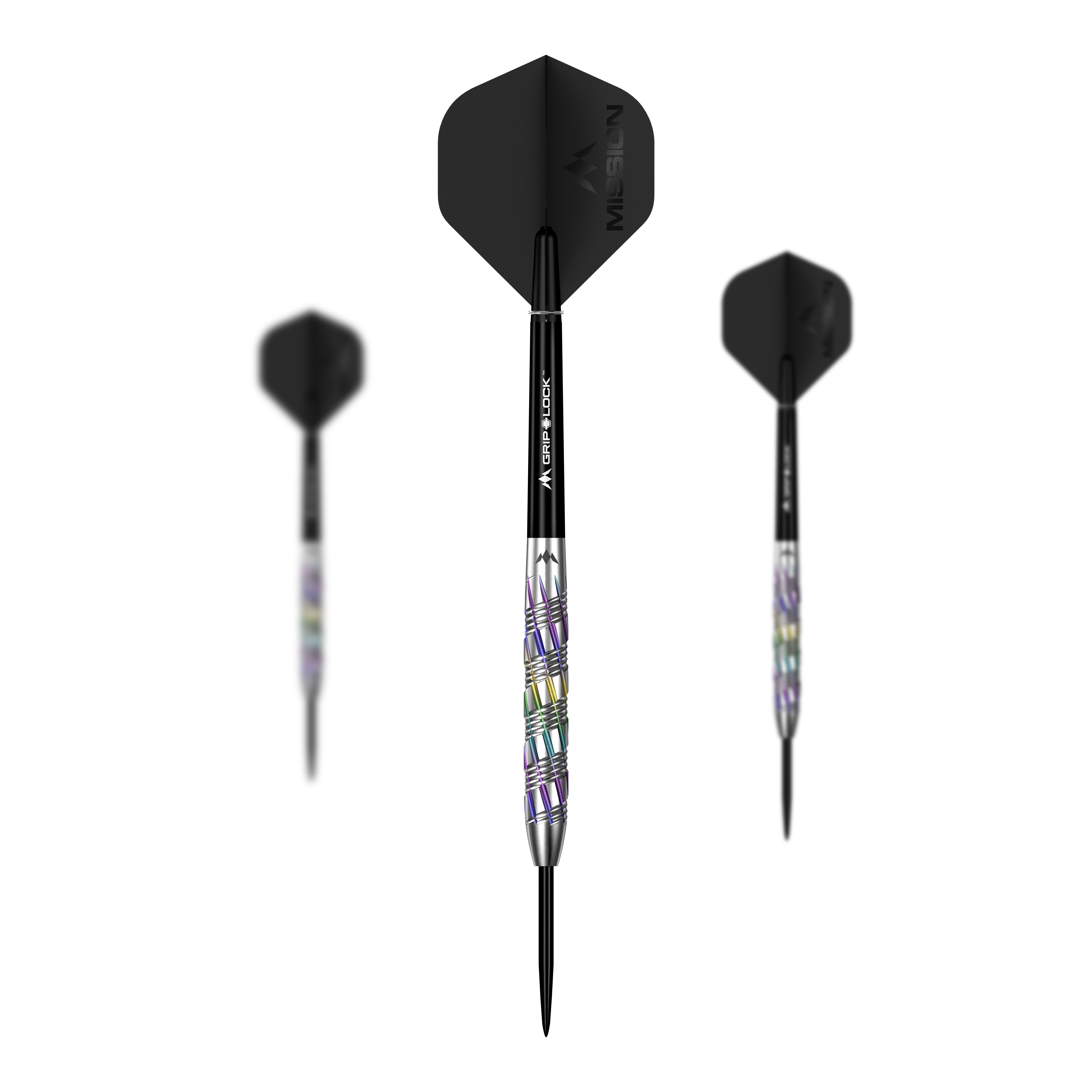 Mission Shuriken Steeldarts werden auch als Set angeboten. Auf diesem Bild ist ein komplettes Set der Mission Shuriken Steeldarts abgebildet.