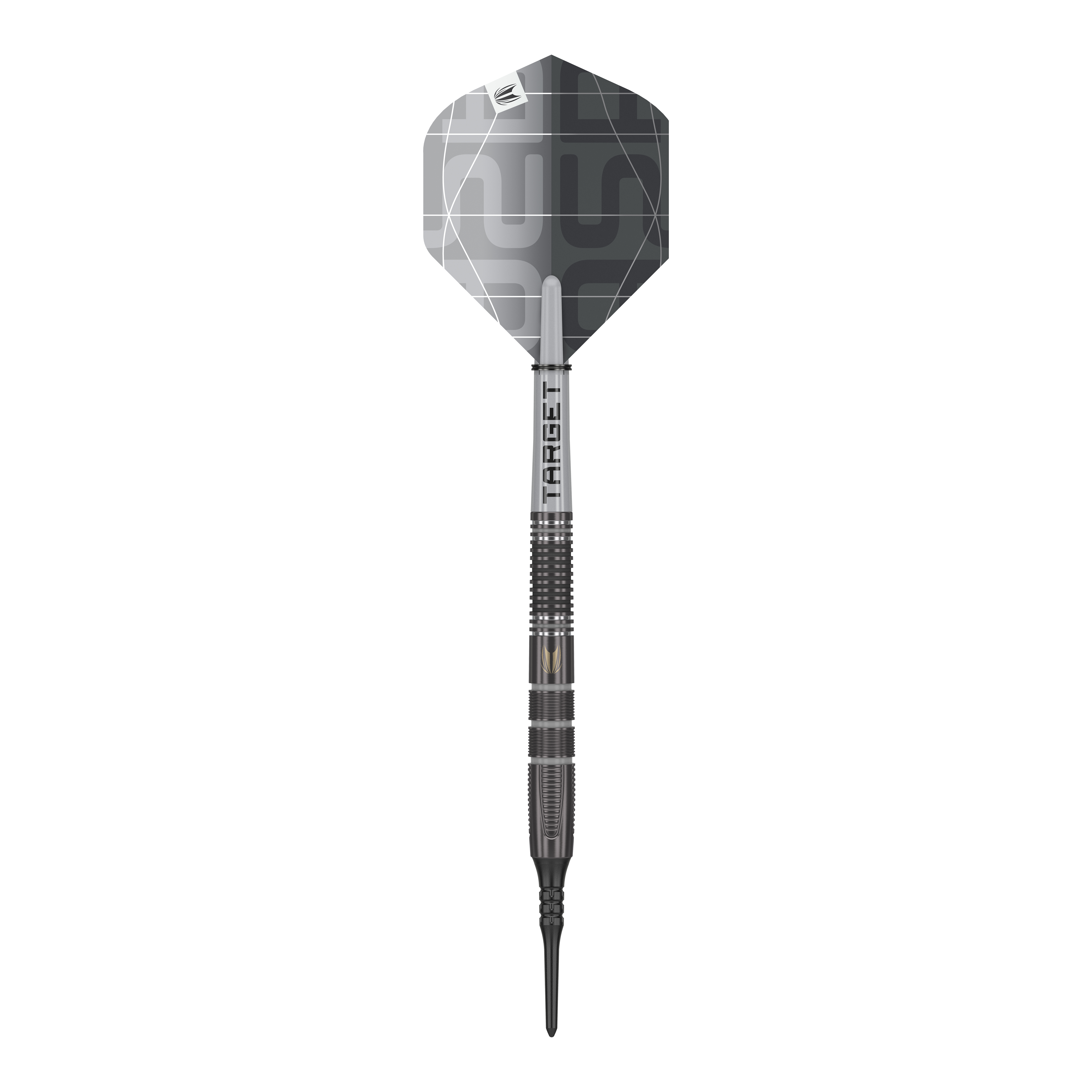 Měkké šipky Target Nathan Aspinall X Echo - 18g Das Bild zeigt einen Target Nathan Aspinall X Echo Softdart mit einem Gewicht von 18g. Der Dartpfeil ist überwiegend in Silber und Schwarz gehalten und hat eine moderne, geometrische Flugfeder.