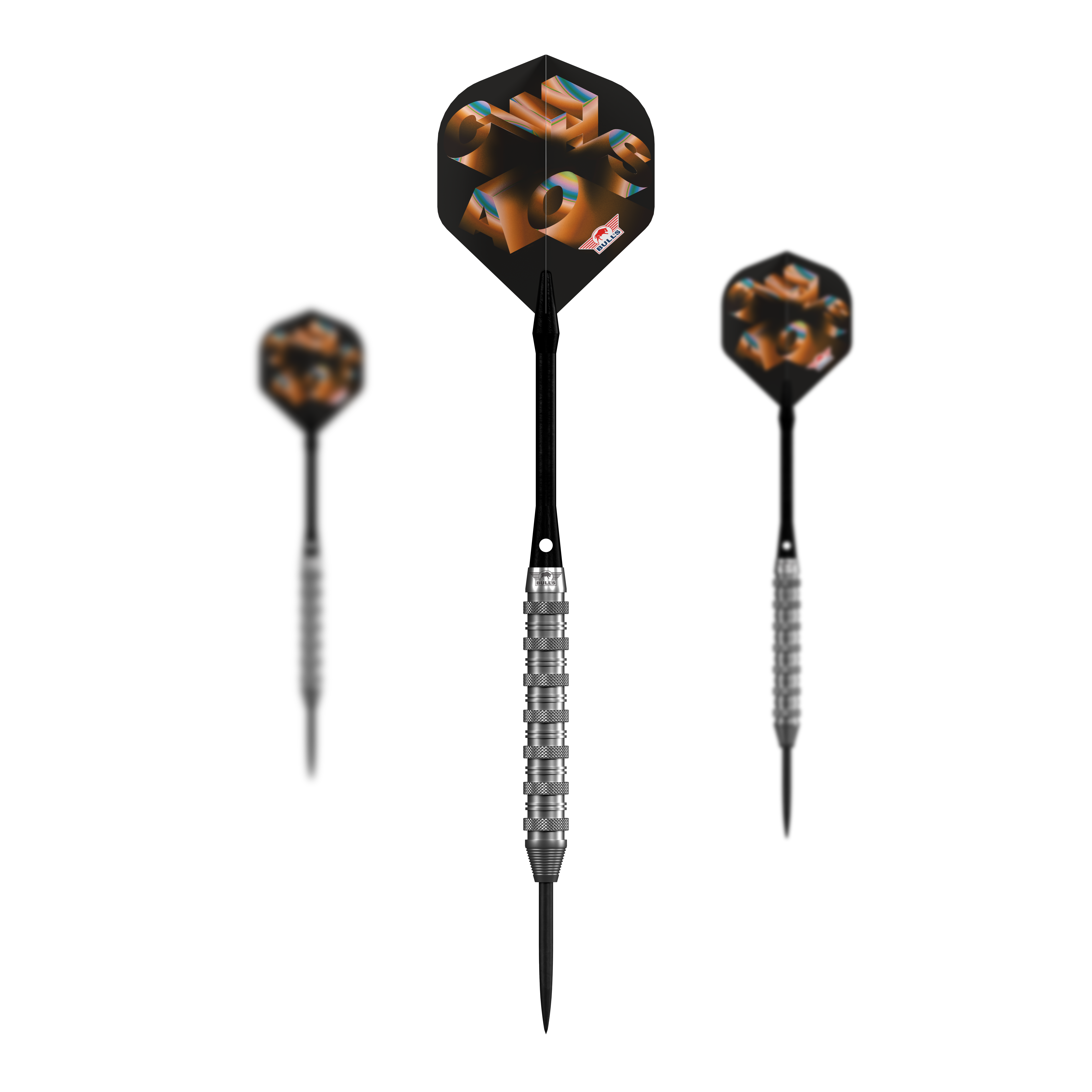 Das Bild zeigt die Bulls NL Chaos Orange Steeldarts mit einem Gewicht von 23g. Drei orangefarbene Steeldarts sind nebeneinander angeordnet.