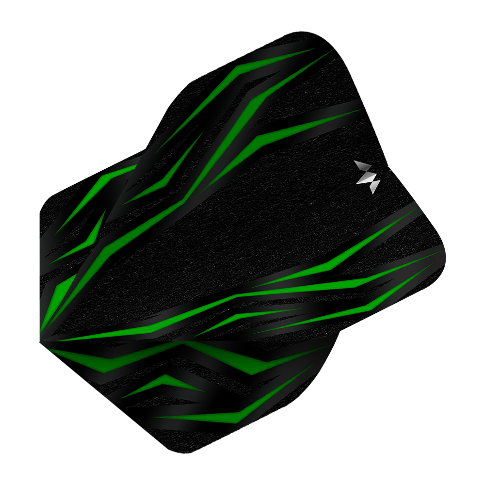 Standardní lety Mission Lava Green č. 2 Das Bild zeigt das Produkt „Mission Lava Green No2 Standard Flights“. Es ist ein schwarzes Dart-Flight mit grünen, lavamusterartigen Linien.