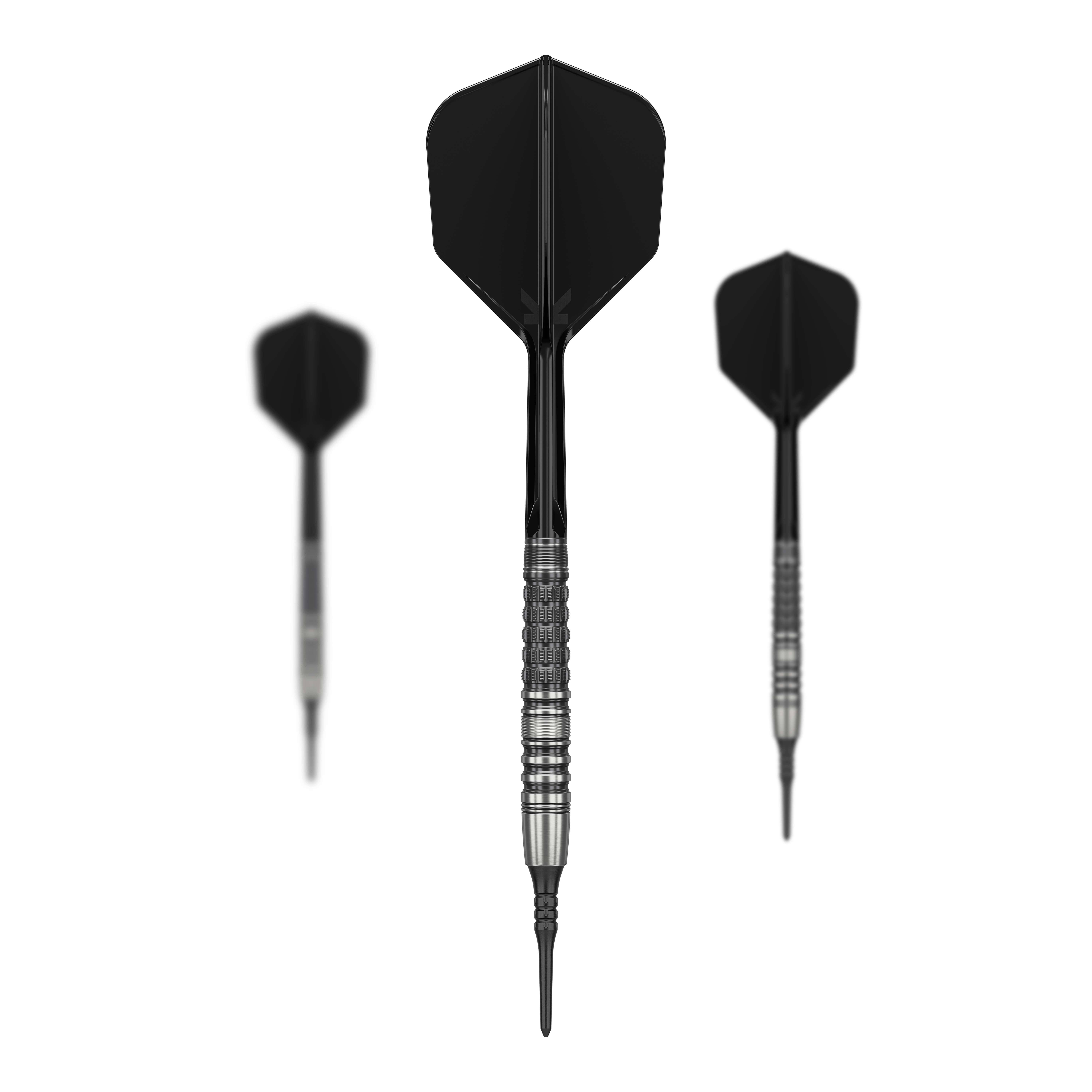 Měkké šipky Target Japan Black Marque Lumiere GEN3 - 18,5 g Das Bild zeigt drei schwarze Softdarts des Modells "Target Japan Black Marque Lumiere GEN3" mit einem Gewicht von 18,5g. Die Dartpfeile haben silber-schwarze Griffrillen und schwarze Flights.