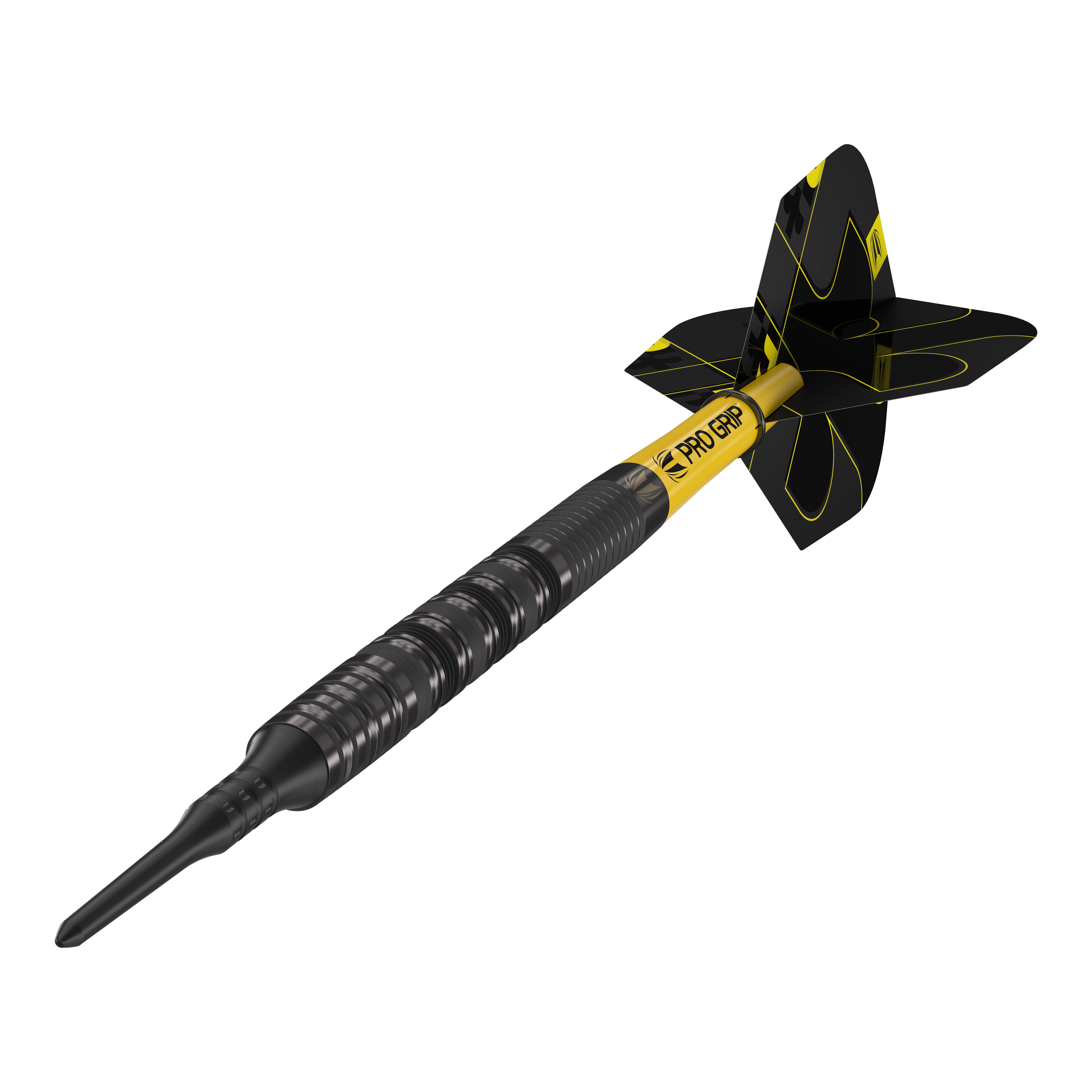 Target Bolide Void 10 měkkých šipek Das Bild zeigt einen Target Bolide Void 10 Softdart. Der Softdart ist schwarz mit gelben Akzenten und hat eine strukturierte Griffzone.