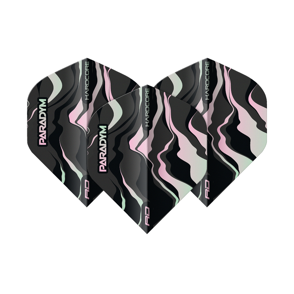 Das Bild zeigt vier Dart-Flights des Modells 'Red Dragon Hardcore Paradym No2 Standard Flights'. Die Flights haben ein abstraktes Muster in Schwarz, Rosa und Grau mit den Aufschriften "PARADYM" und "HARDCORE".
