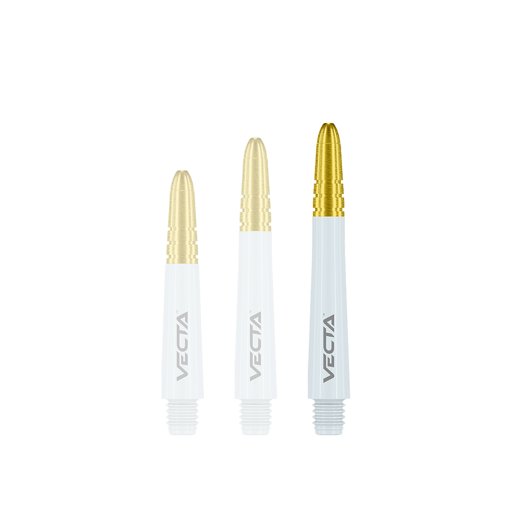 Winmau Vecta Shafts - Weiß Gold Auf dem Bild sind drei Dartshafts in Weiß und Gold zu sehen. Sie haben das Wort "VECTA" aufgedruckt und unterscheiden sich in der Länge.