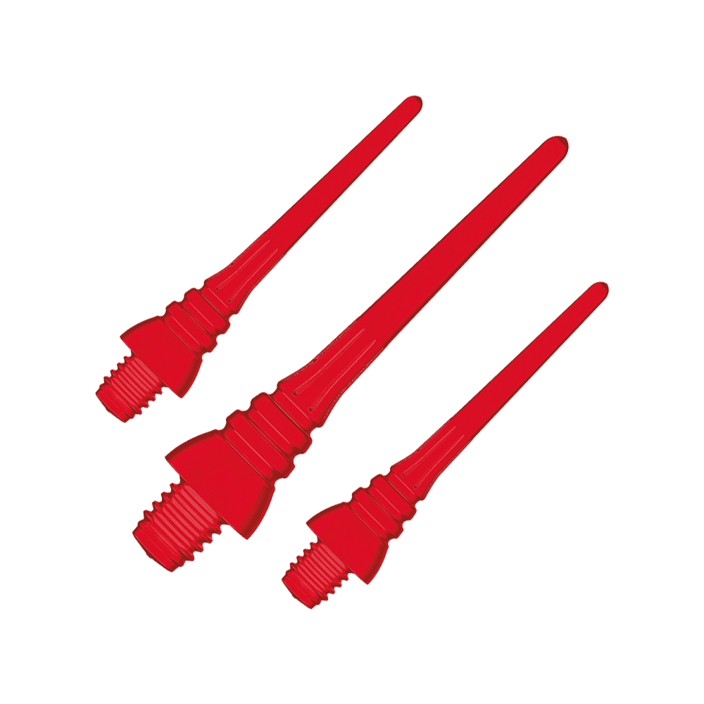 Winmau Triton Softtip Points Softdartspitzen (50-er Pack) Das Bild zeigt drei rote Softdartspitzen mit Gewinde. Sie sind nebeneinander angeordnet und vollständig sichtbar.