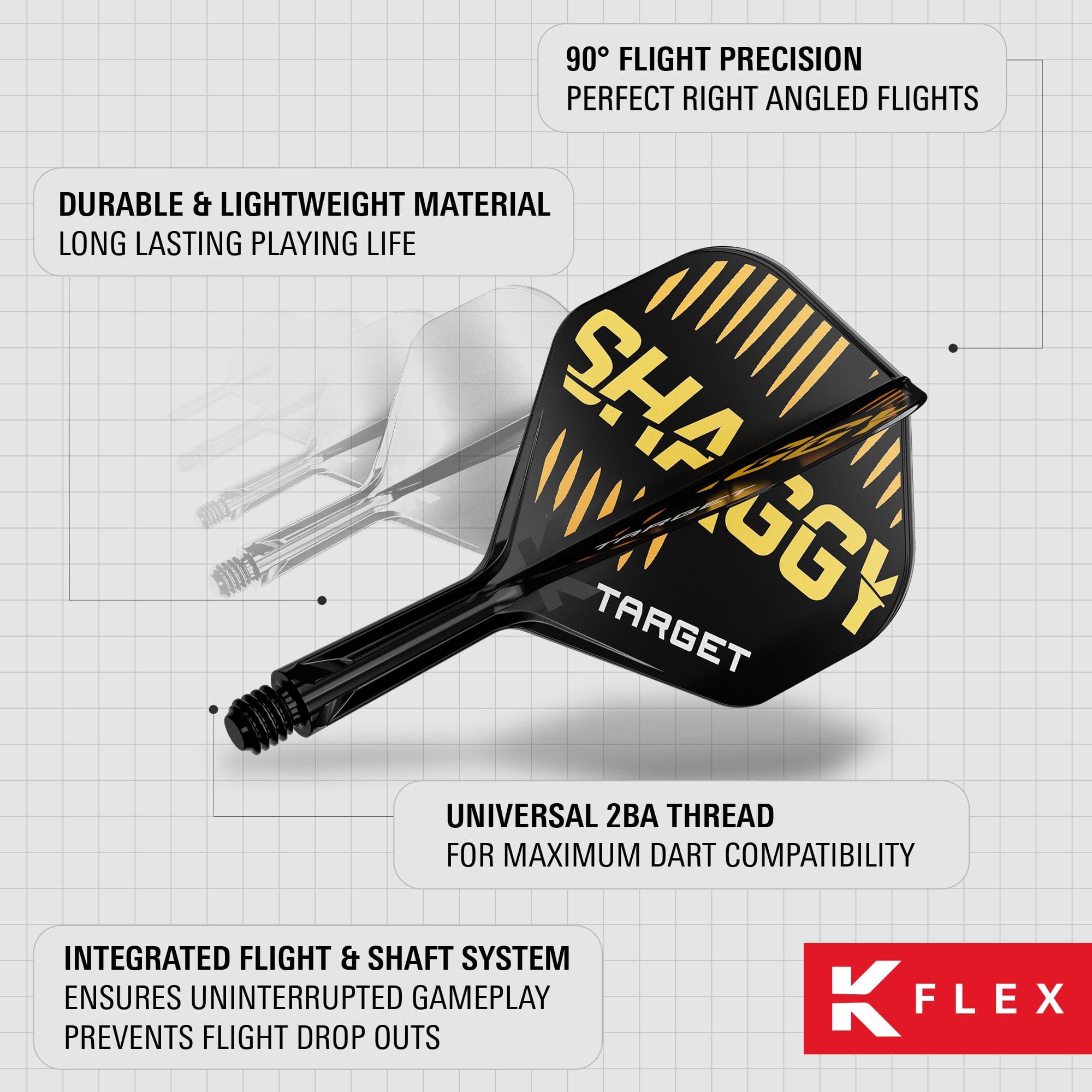 Systém standardních letových hřídelí Target K-Flex Scott Williams No2 Das Bild zeigt das Produkt „Target K-Flex Scott Williams No2 Standard Flights“ mit den wichtigsten Merkmalen. Es hebt die langlebigen Materialien, die präzise Flugausrichtung und das integrierte Flight- und Shaft-System hervor.