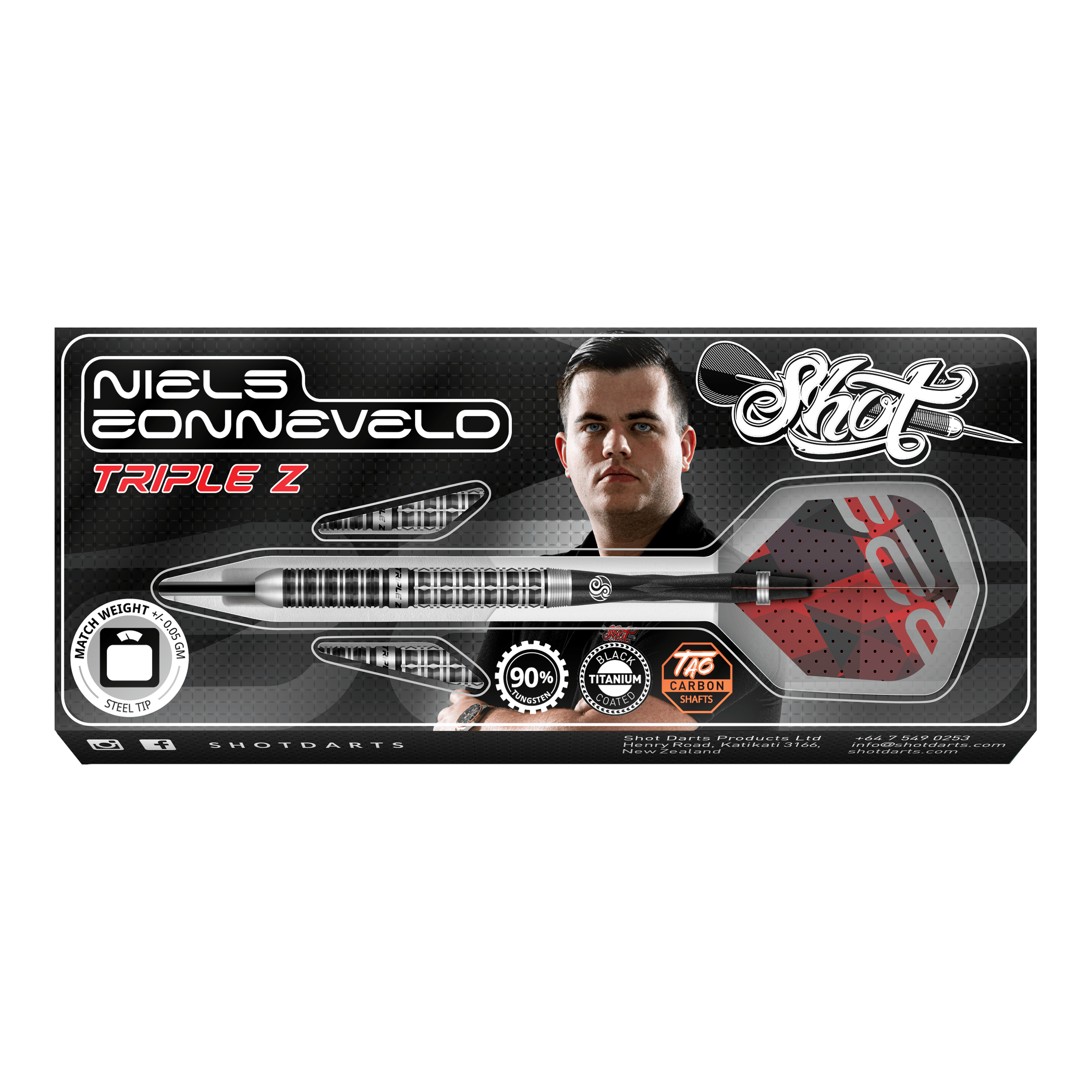 Ocelové šipky Niels Zonneveld V2 Auf dem Bild ist die Verpackung der "Shot Niels Zonneveld V2 Steeldarts" zu sehen. Die Verpackung zeigt einen Dartpfeil, das Logo und ein Porträt von Niels Zonneveld.