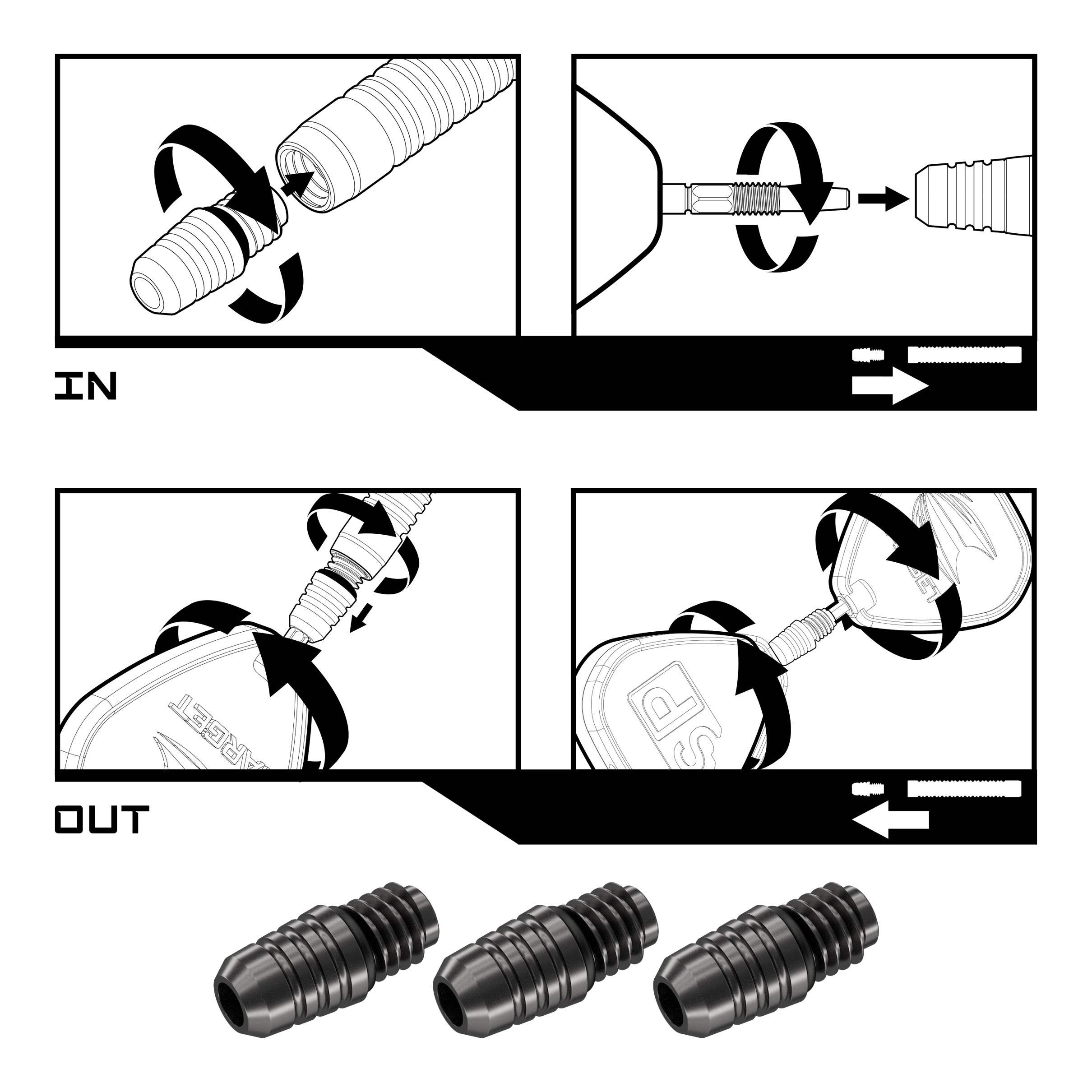 Převodník Target Swiss Point 2BA - černý Das Bild zeigt die Montage- und Demontageanleitung für den Target Swiss Point 2BA Converter - Schwarz. Unten im Bild sind drei der schwarzen Converter abgebildet.