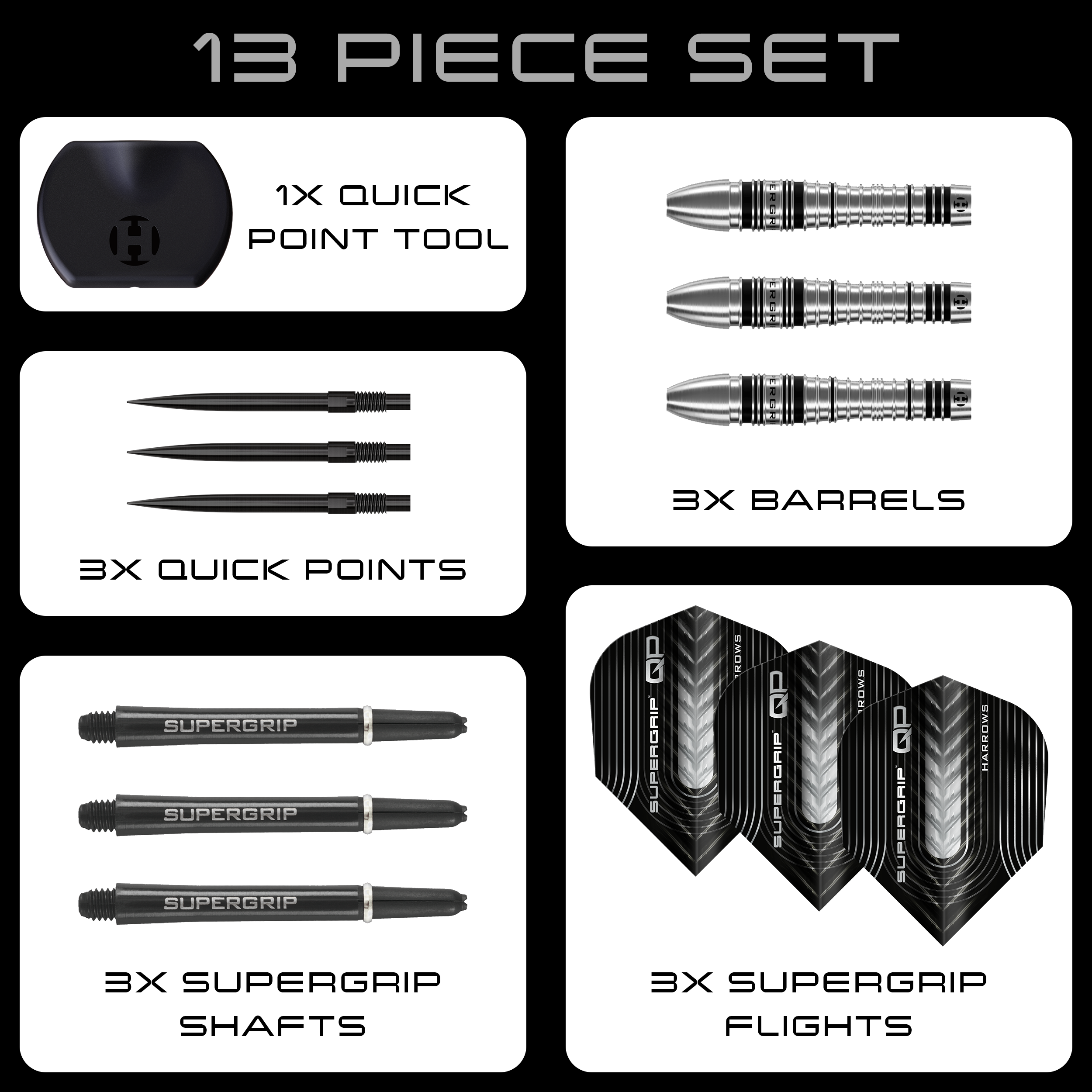 Harrows Supergrip Bomb Quick Point ocelové šipky Hier sind die Harrows Supergrip Bomb Quick Point Steeldarts zu sehen. Die Darts eignen sich hervorragend für präzises Spiel.