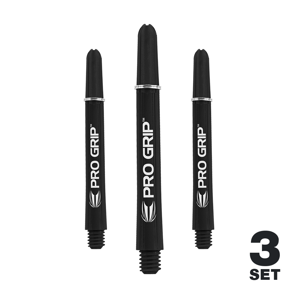 Target Pro Grip Shafts - 3 sady - Black Das Bild zeigt drei schwarze Dartschäfte der Marke "Pro Grip". In der rechten unteren Ecke steht "3 Set".