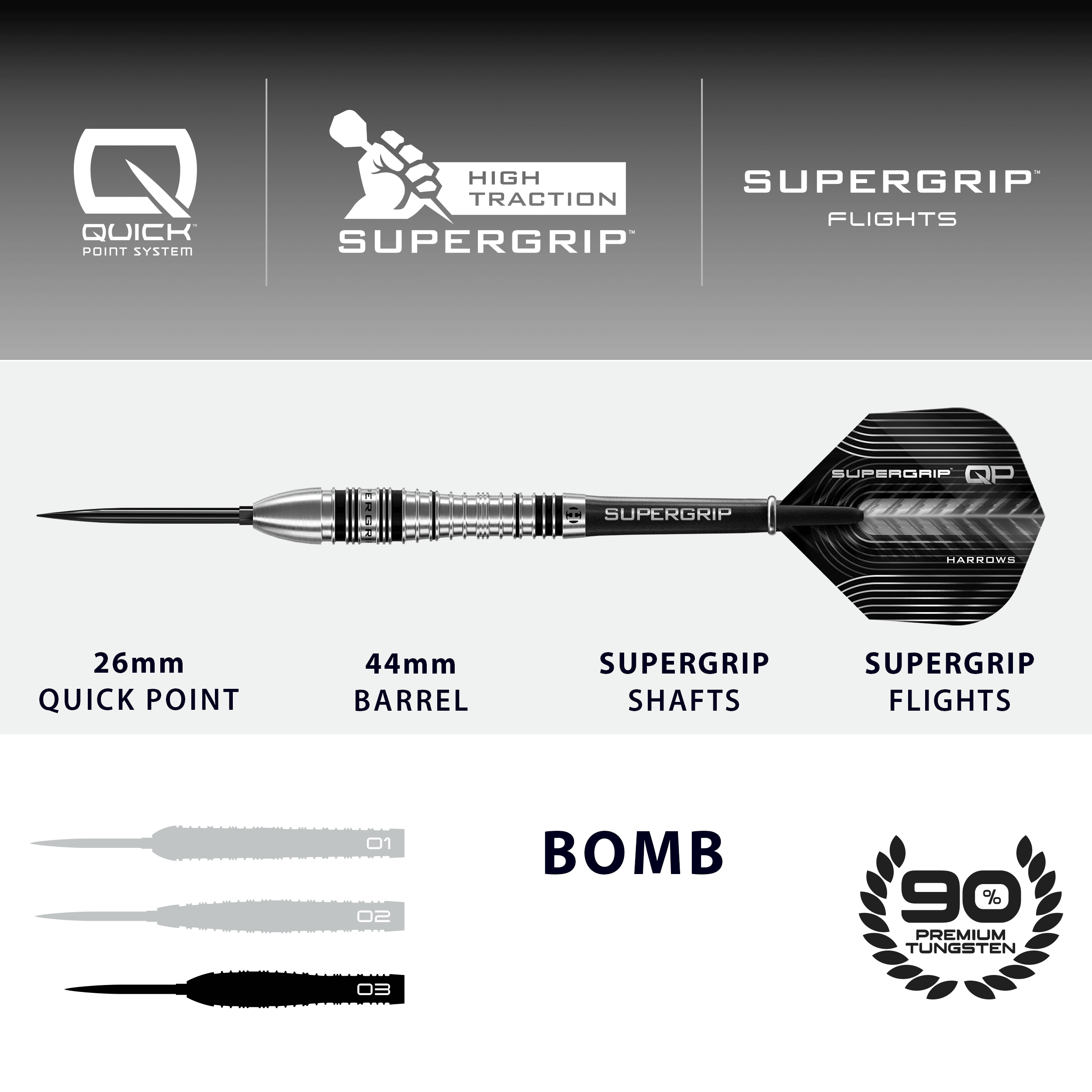 Harrows Supergrip Bomb Quick Point ocelové šipky Dies ist ein Bild der Harrows Supergrip Bomb Quick Point Steeldarts. Die Steeldarts zeichnen sich durch ihren besonders guten Grip aus.