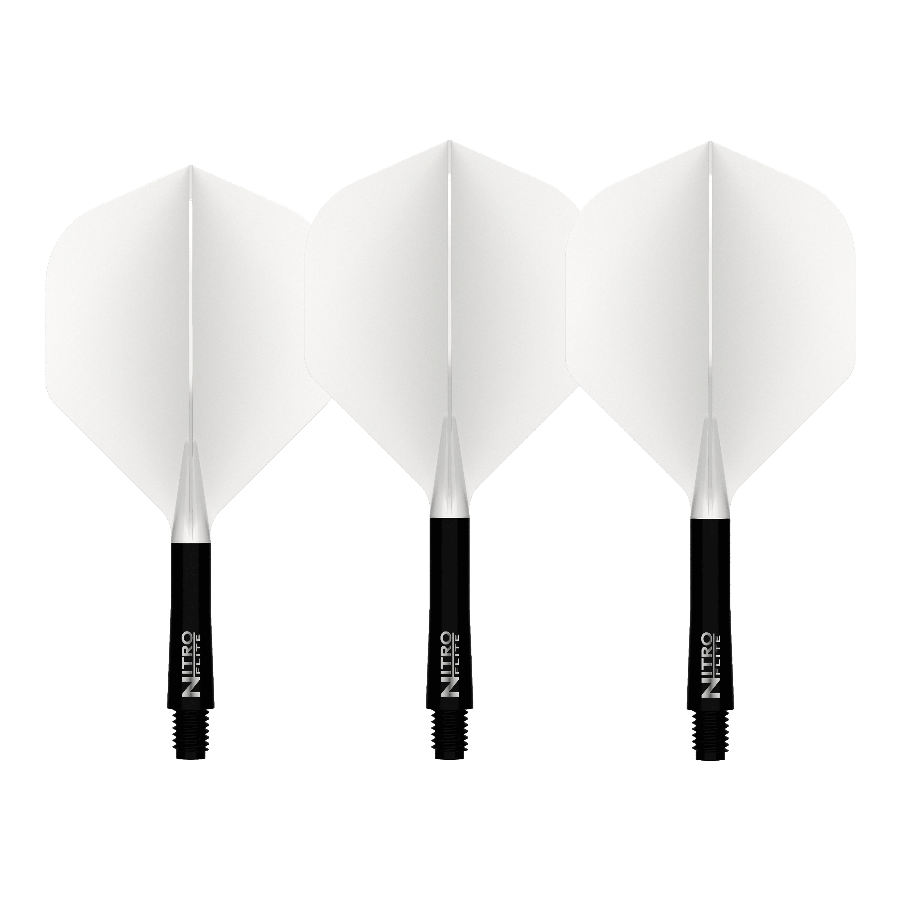 Red Dragon Nitrofile Černá šachta Bílé letky č. 2 Abgebildet ist der Red Dragon Nitroflite Black Shaft White Flights No2. Es handelt sich um einen Dart-Schaft in Schwarz mit weißen Flights.