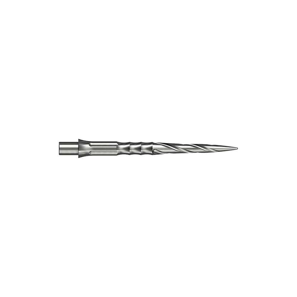 Mission Caliburn EVO System Steel Dart Tips - Spiro - NoLip - Silver Hier sind silberne Steeldartspitzen des Caliburn Evo Systems mit Spiro-Design und 28 mm Länge abgebildet. Zwei dieser Spitzen liegen nebeneinander.