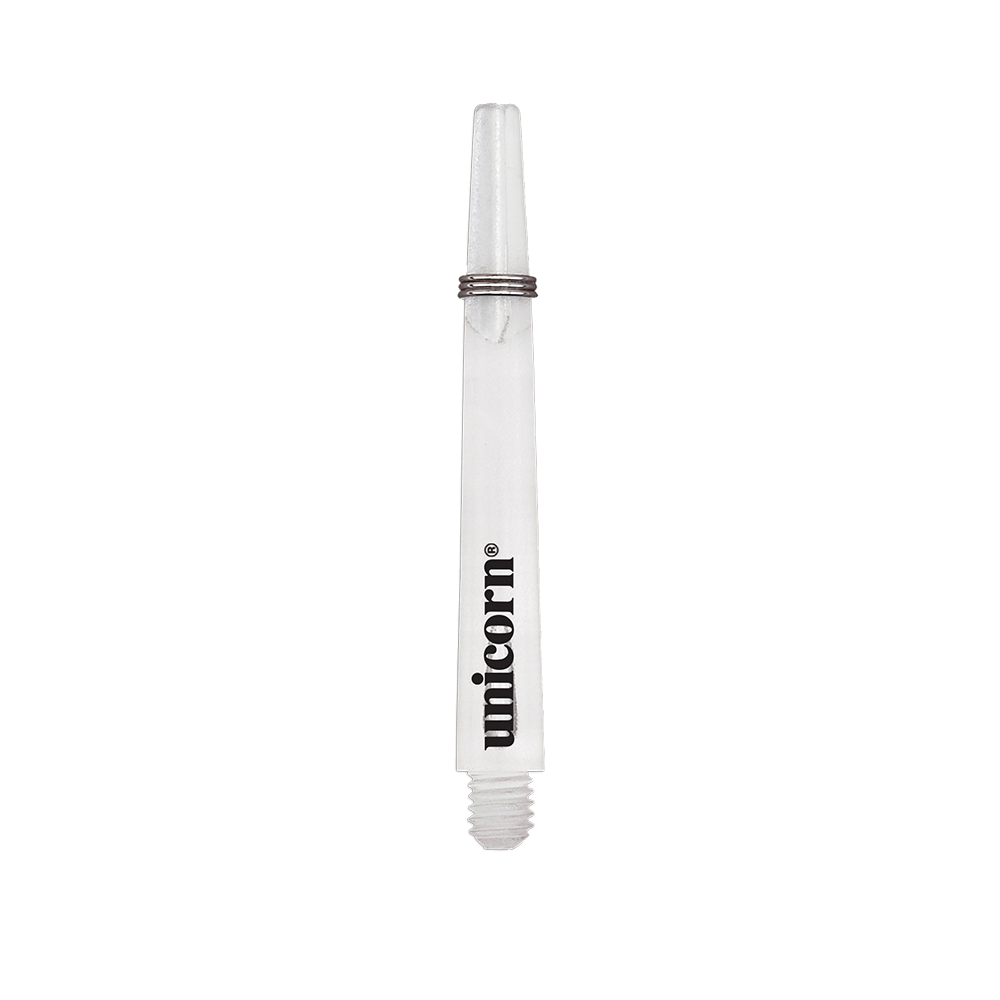 Das Bild zeigt einen klaren Unicorn Gripper 3 Mirage Shaft mit einer Länge von 44,2 mm. Auf dem Schaft ist das schwarze "unicorn" Logo zu sehen.