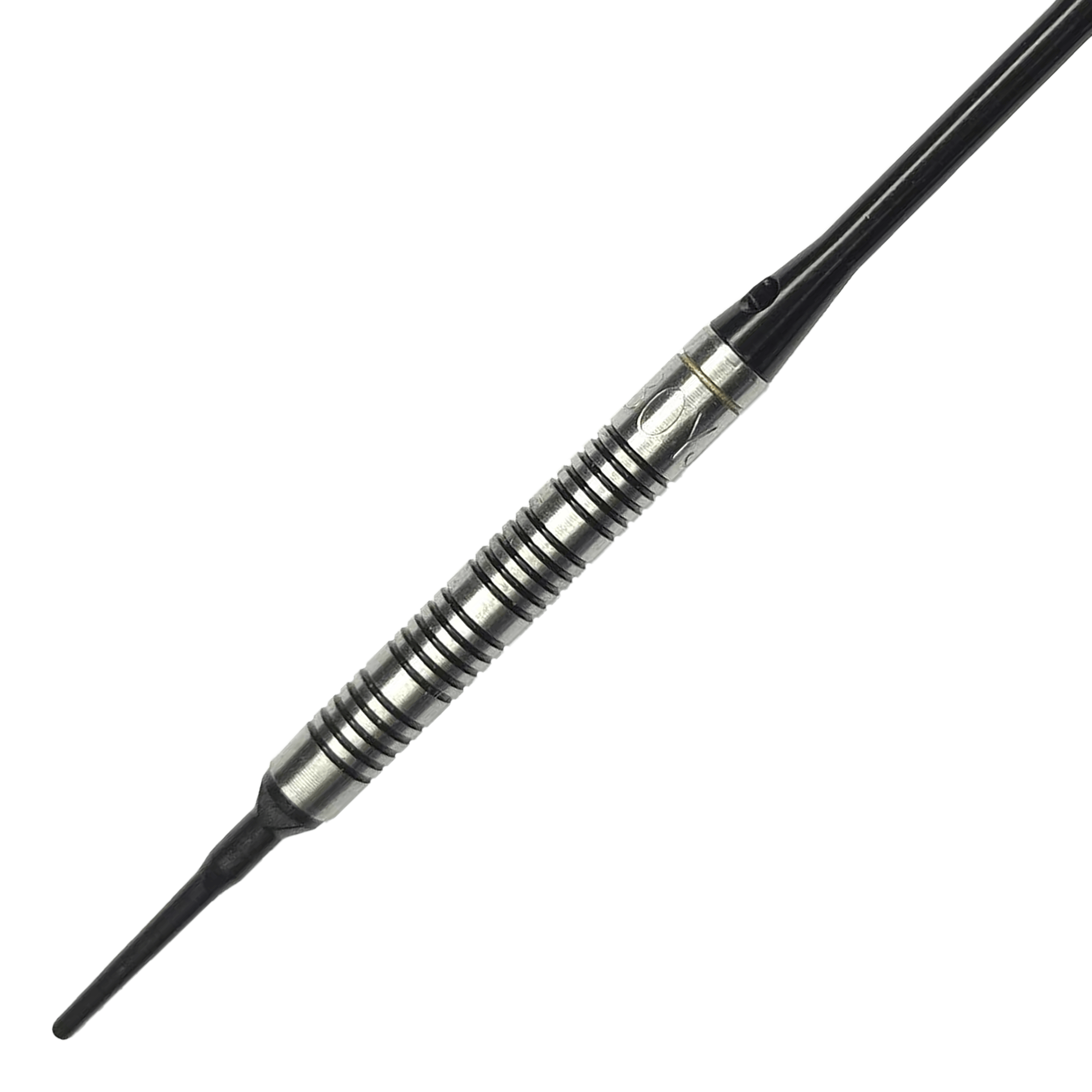 McDart 85 Tungsten V17 Softdarts - 16,5g Das Bild zeigt einen McDart 85er Tungsten V17 Softdart mit einem Gewicht von 16,5g. Der Dart hat ein silber-schwarzes, griffiges Barrel und eine schwarze Spitze.