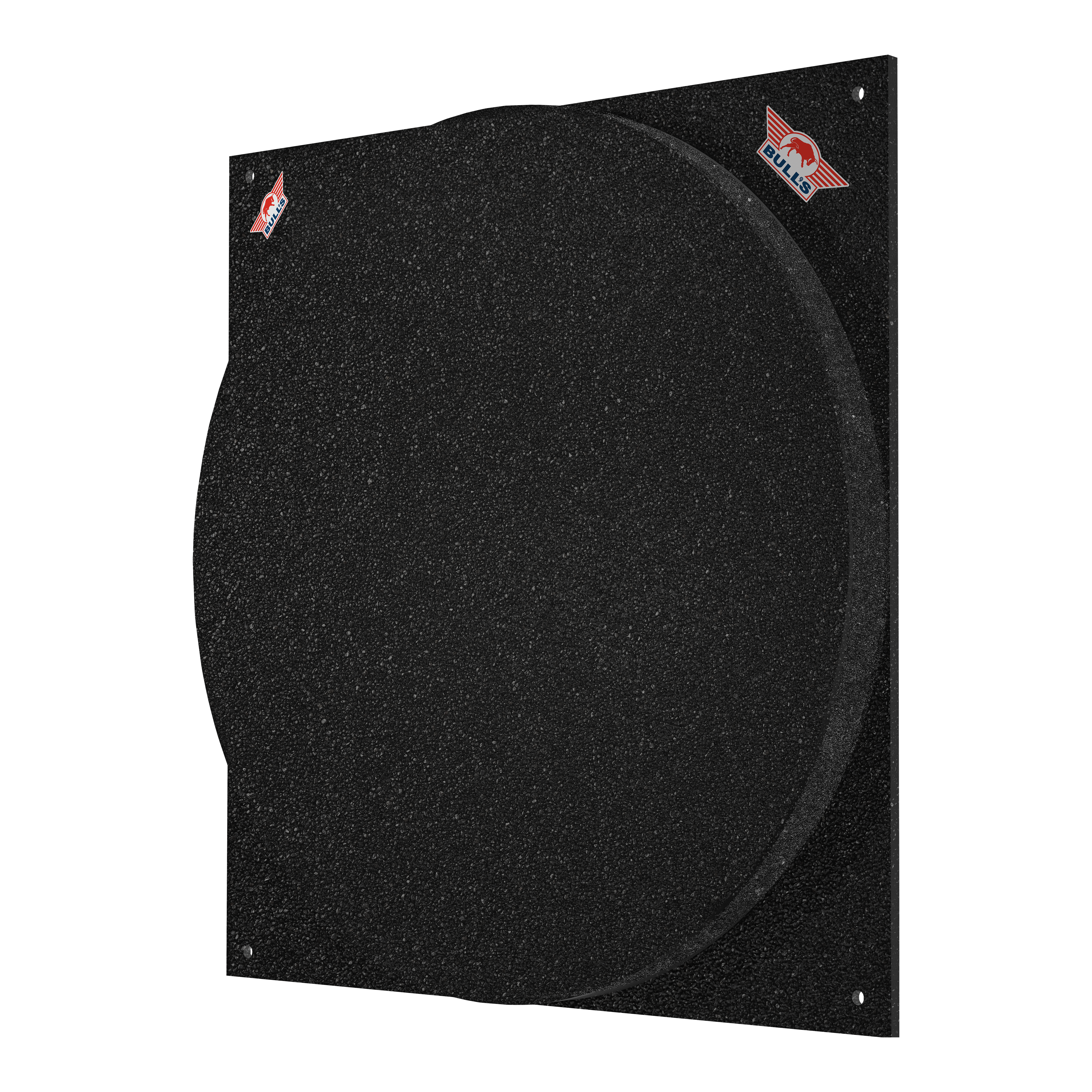 Das Bild zeigt das Produkt "Bulls NL Dartboard Silencer". Es handelt sich um eine schwarze Schallschutzmatte für eine Dartscheibe.