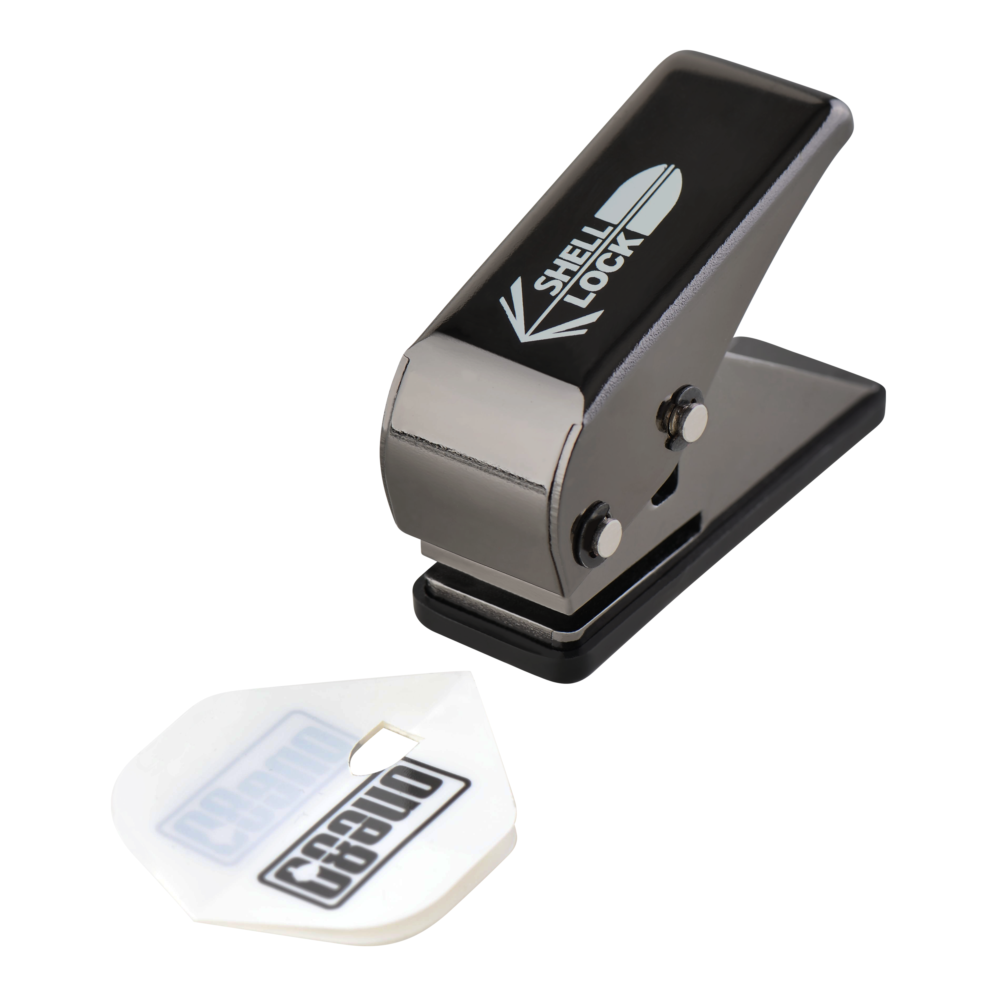 Děrovač s uzamykatelným pouzdrem L-Style One80 Das Bild zeigt den L-Style One80 Shell Lock Punch Flightlocher. Neben dem Locher liegt ein gestanztes Dart-Flight.