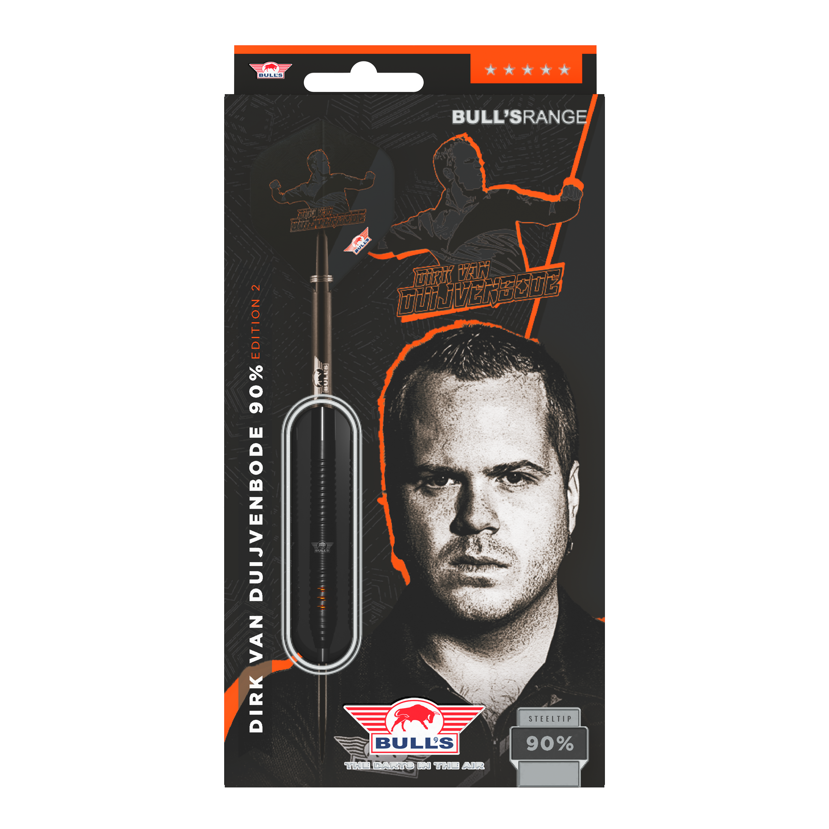 Ocelové šipky Bulls NL Dirk Van Duijvenbode Edition 2 Die Abbildung zeigt die Verpackung der "Bulls NL Dirk Van Duijvenbode Edition 2 Steeldarts". Auf der Verpackung ist ein Bild von Dirk Van Duijvenbode sowie ein Dartpfeil zu sehen.
