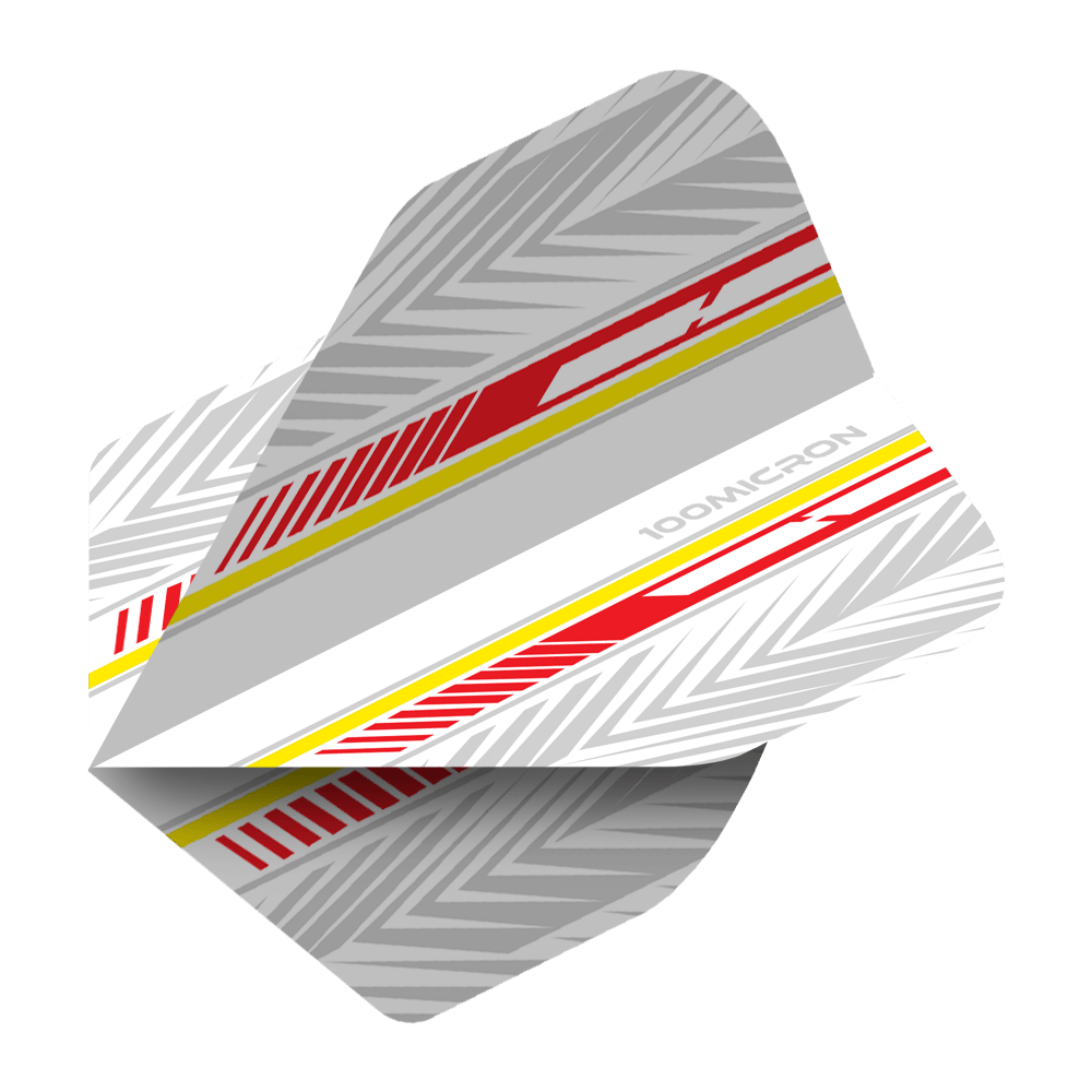 Letky pro pětiboj bílé/červené/žluté Das Bild zeigt die Pentathlon White Red Yellow No2 Standard Flights. Die Flights sind überwiegend weiß und grau mit roten und gelben Akzenten sowie einem modernen Muster.