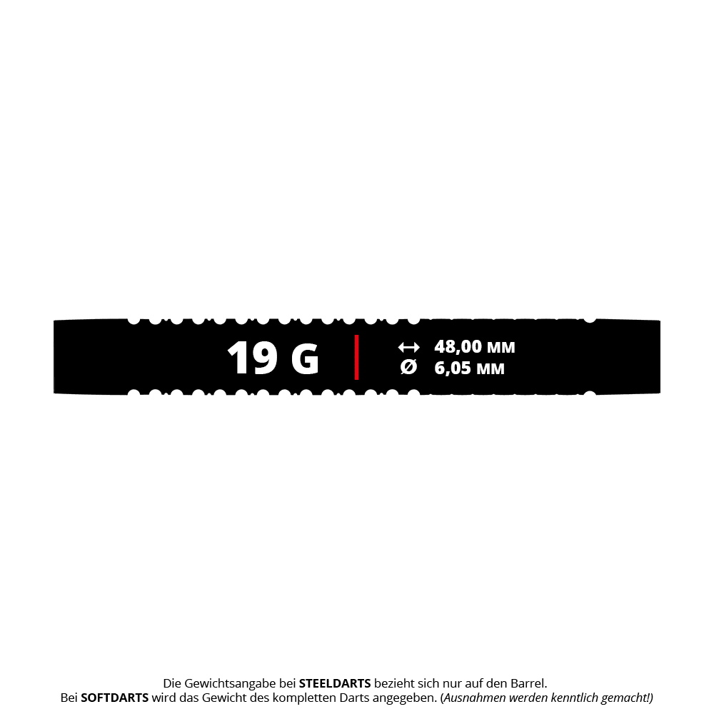 Šipky Mission Horus Softdarts - 19g Das Bild zeigt die Produktinformationen der Mission Horus Softdarts mit einem Gewicht von 19 Gramm. Die Länge beträgt 48,00 mm und der Durchmesser 6,05 mm.
