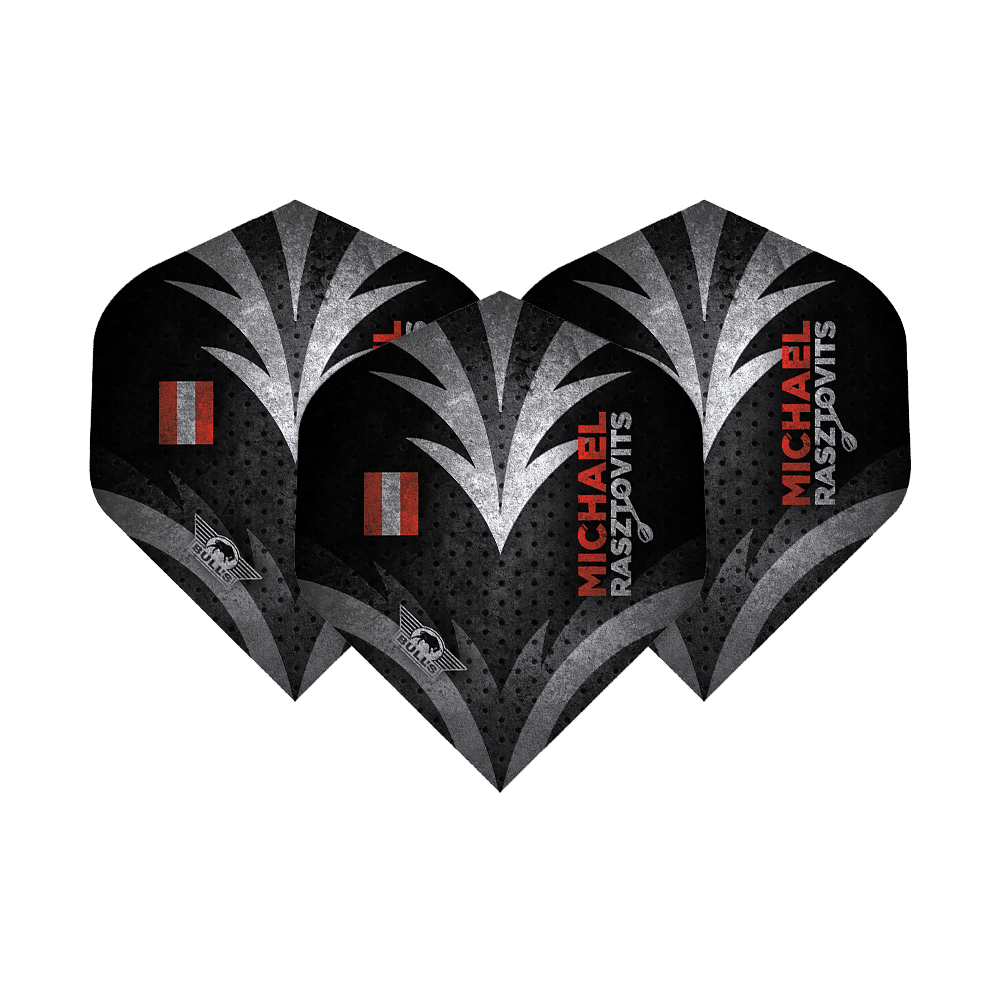 BU50860_Bulls_Powerflite_Rasto_Erode_No6_Flights_19euImNdMjtaFB Das Bild zeigt drei Dart-Flights mit schwarzem und silbernem Design. Auf den Flights steht der Name "Michael Rasztovits" in roter und weißer Schrift.