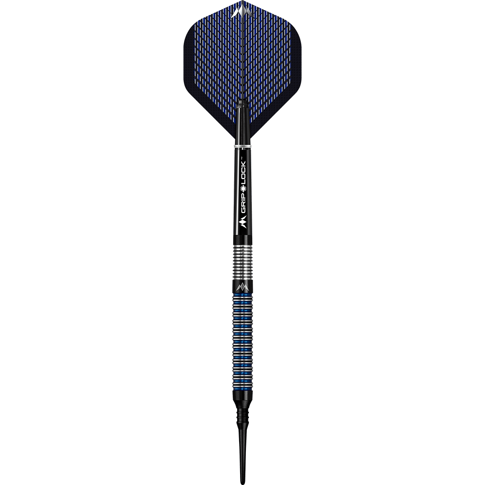 Měkké šipky Mission Nightfall Model 1 Das Bild zeigt einen Softdart namens "Mission Nightfall Model 1". Der Dart hat schwarze und blaue Akzente sowie eine strukturierte Griffzone.