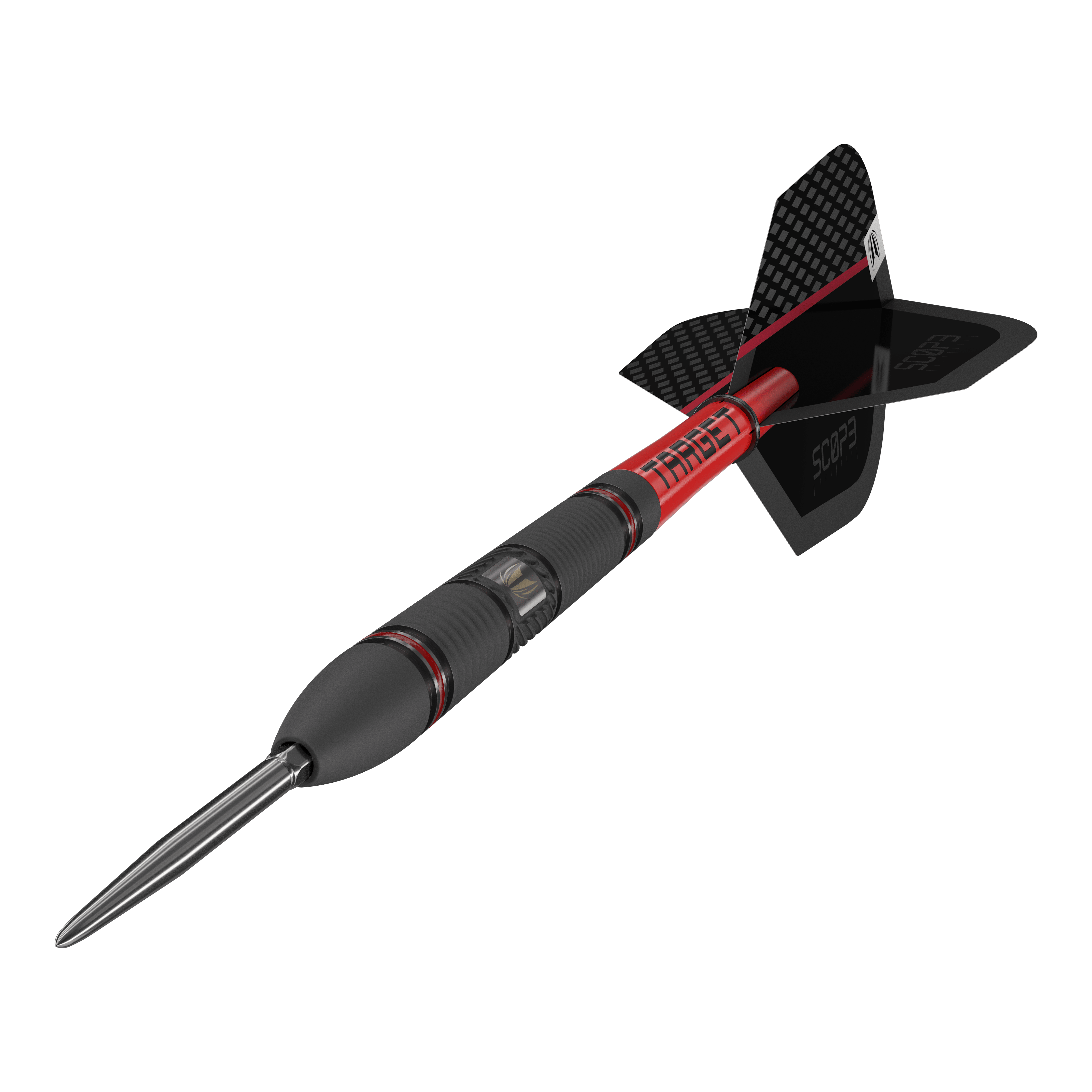 Ocelové šipky Target Scope 02 Swiss Point Das Bild zeigt den Target Scope 02 Swiss Point Steeldart. Der Dartpfeil hat ein schwarzes und rotes Design mit einer metallischen Spitze und schwarzen Flights.