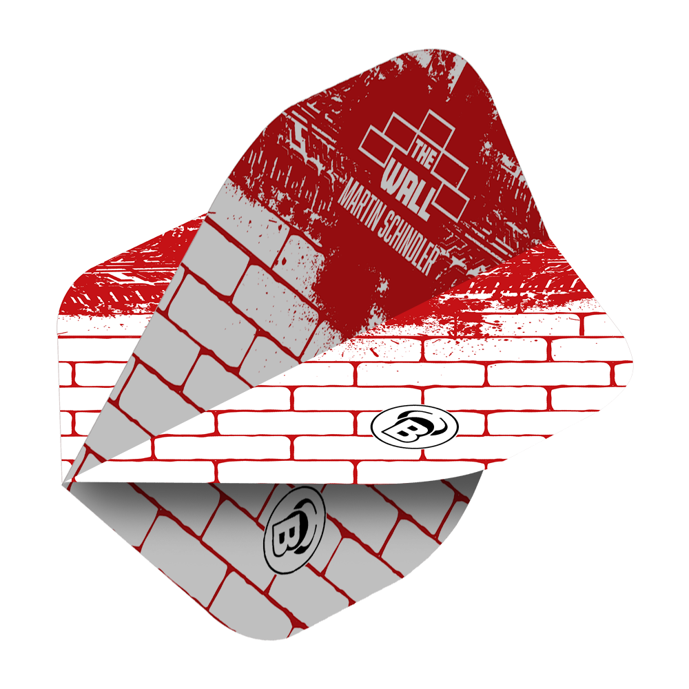 Das Bild zeigt ein Dartflight im roten und weißen Ziegelstein-Design mit der Aufschrift "The Wall Martin Schindler". Das Produkt ist ein Bulls Metrixx Martin Schindler White Red No2 Standard Flight.