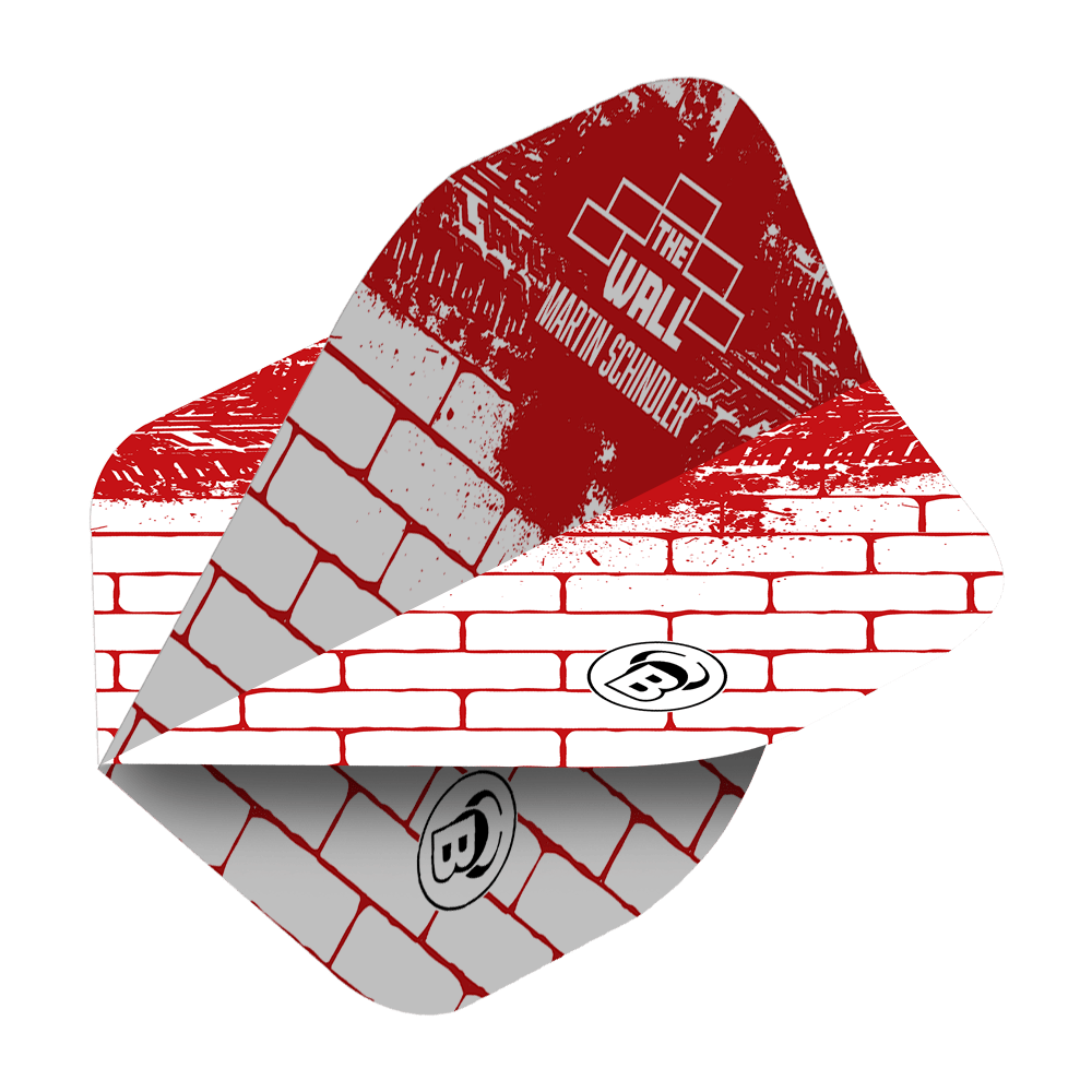Bulls Metrixx Martin Schindler White Red No2 Standard Flights Das Bild zeigt ein Dartflight im roten und weißen Ziegelstein-Design mit der Aufschrift "The Wall Martin Schindler". Das Produkt ist ein Bulls Metrixx Martin Schindler White Red No2 Standard Flight.