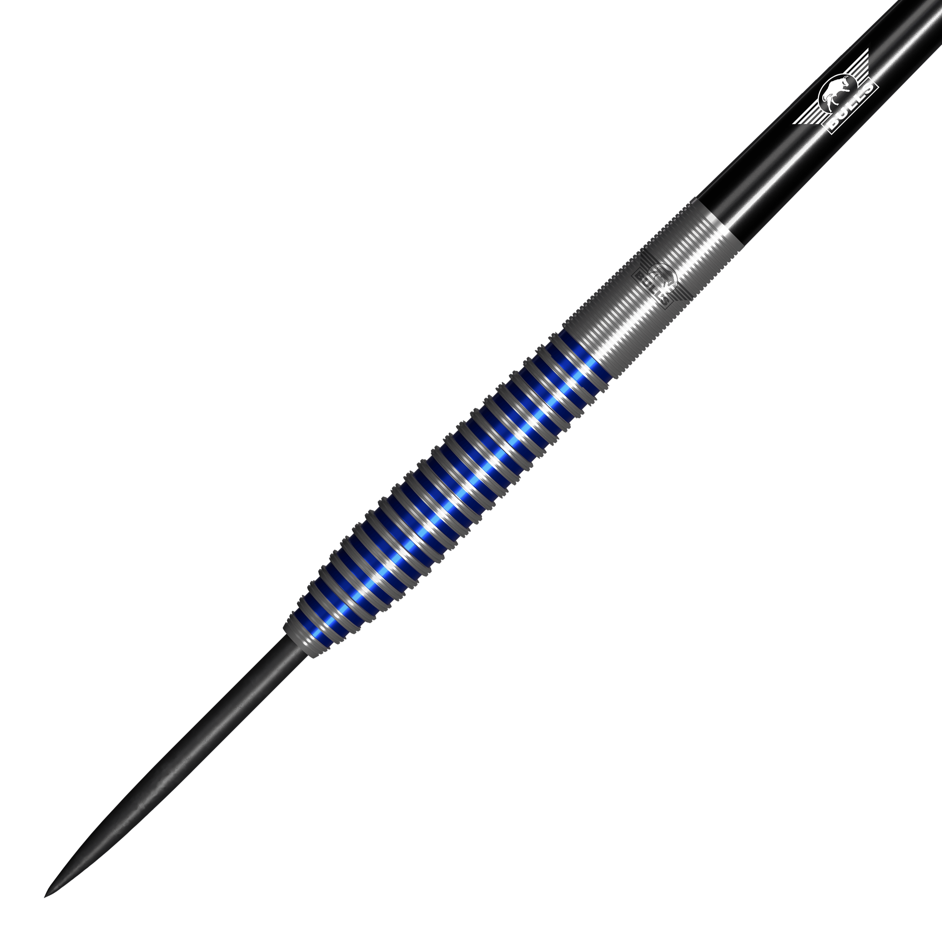 Ocelové šipky Bulls NL Romeo Grbavac - 23g Das Bild zeigt einen Steeldartpfeil mit silbernen und blauen Ringen am Griff. Es handelt sich um das Produkt "Bulls NL Romeo Grbavac Steeldarts - 23g".